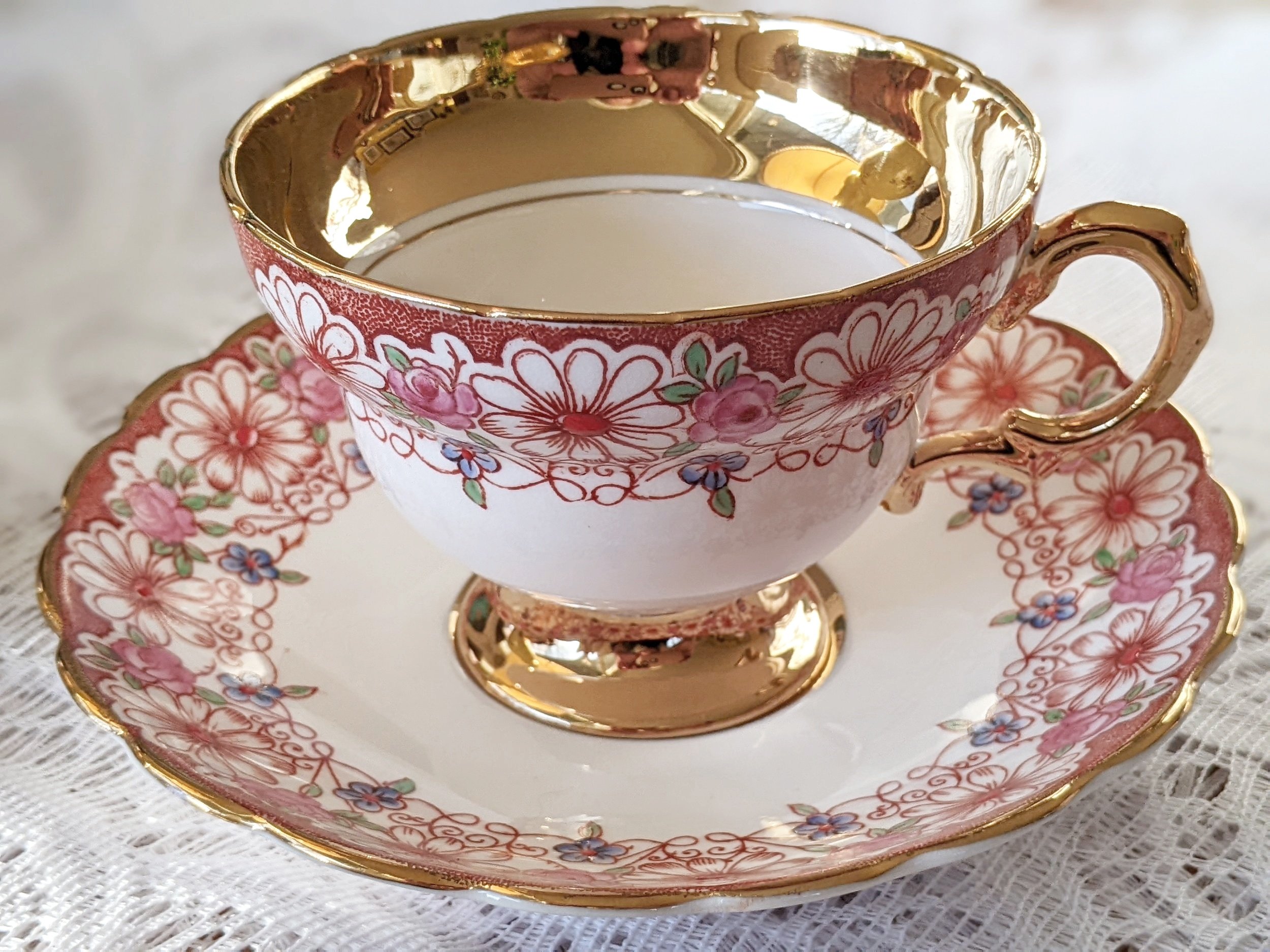 Queen Anne Forget Me Nots Heavy Gold Large TeaCup and Saucer