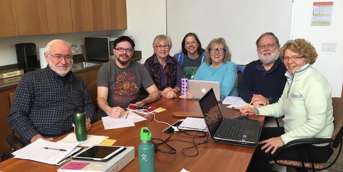 Photo of Ministerial Search Committee: Vernon, Chad, Marean, Noreen, Robin, Tom, Judy