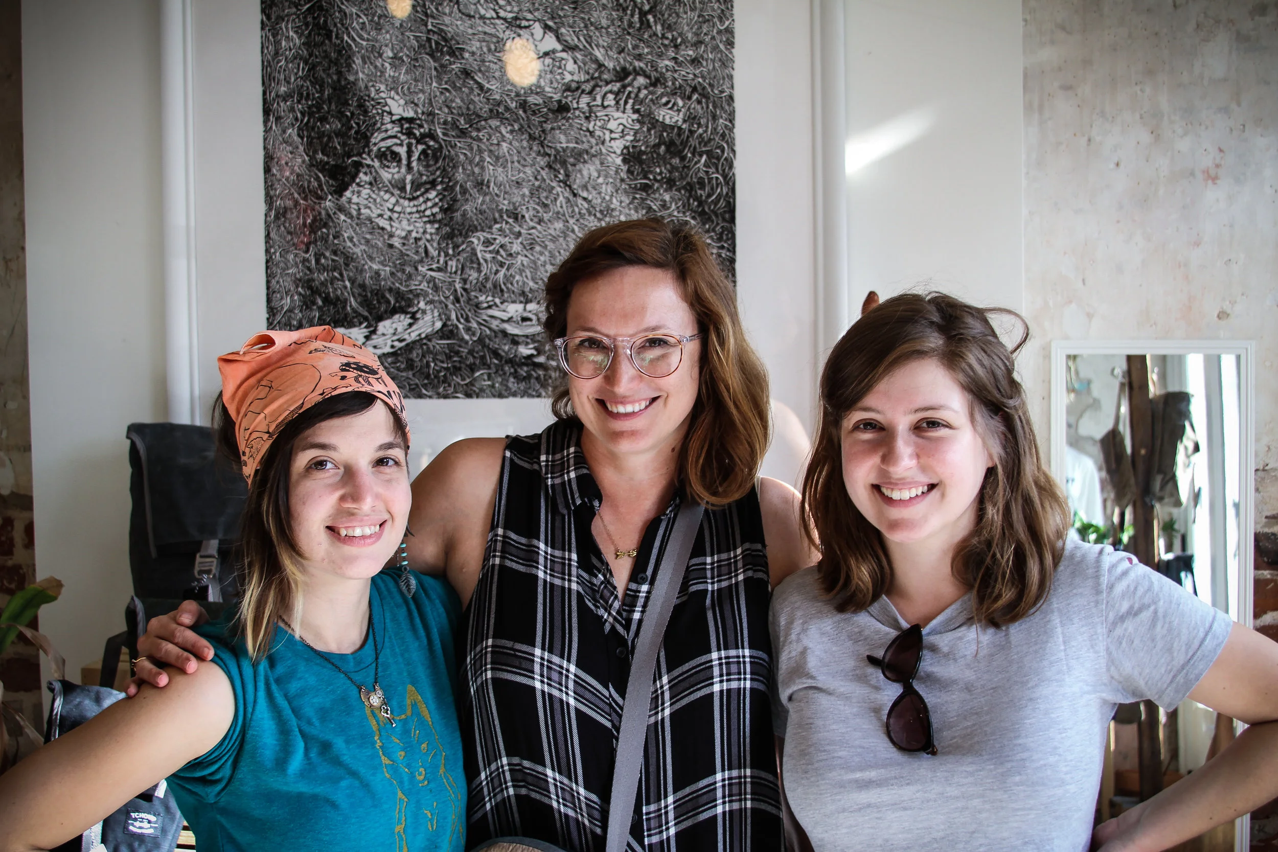 Tchoup seamstress Ursa Eyer (left) and New Orleans textile designer Abby Wetsman (right), with Tchoup founder and designer Patti Dunn. 