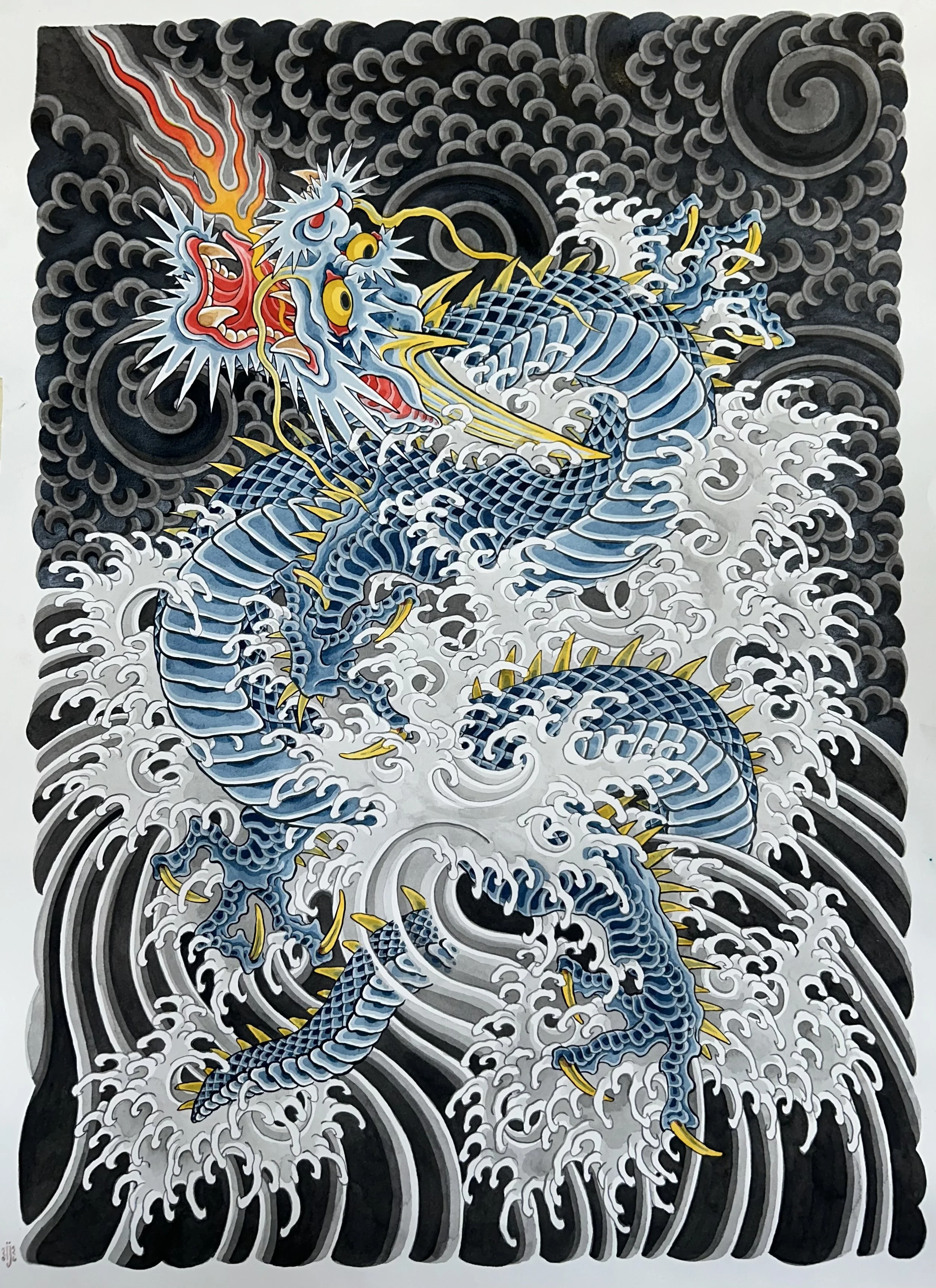BLUE DRAGON IN WATER PAINTING BY ISHMAEL JOHNSON