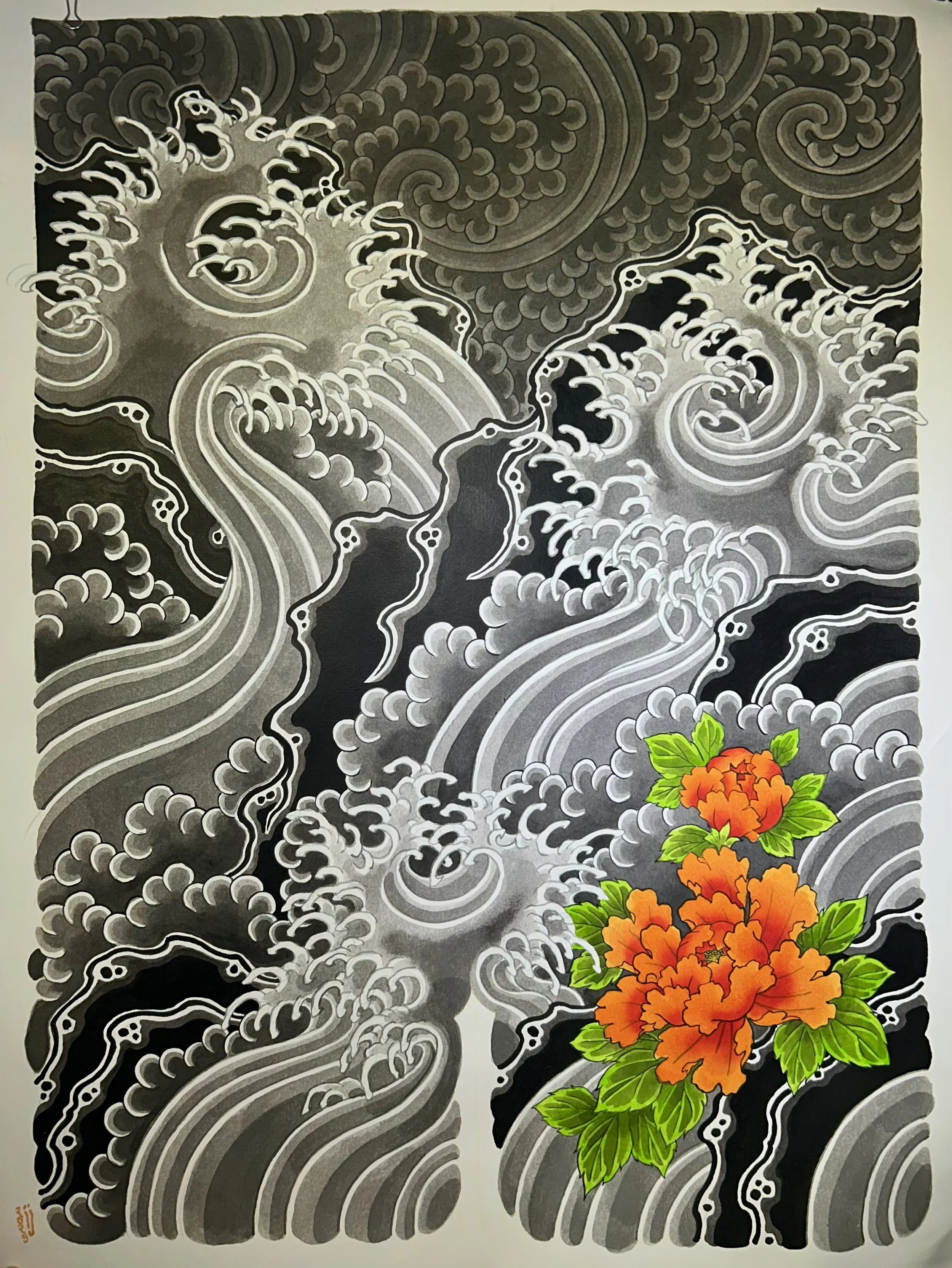 Single Orange Peony Backpiece Study by Ishmael Johnson