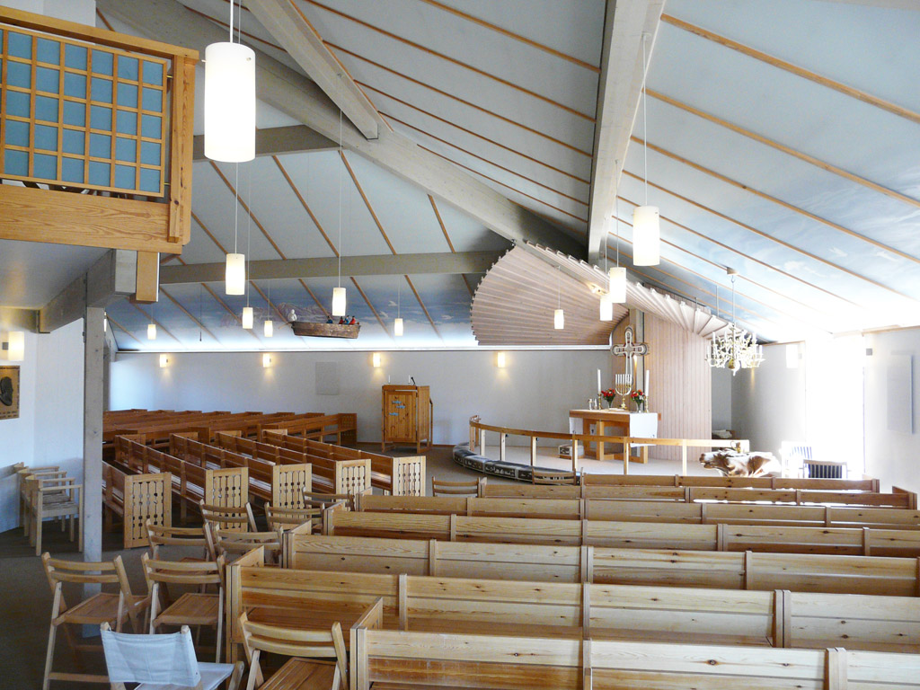 New Church's unique interior.  Notice the Umiaq votive ship hanging from the ceiling