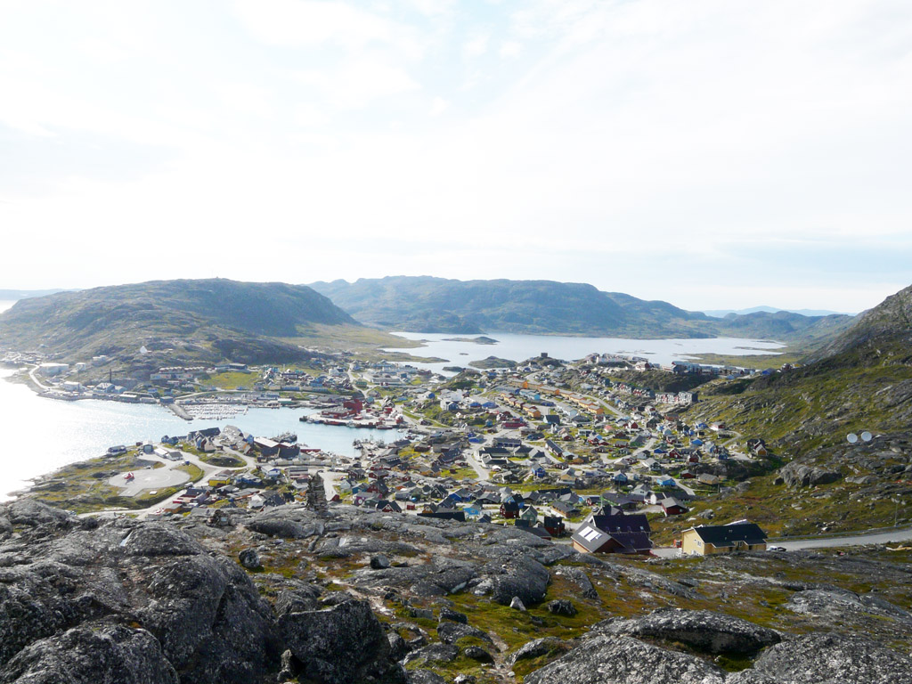 looking down on Qaqortoq from the hills above town