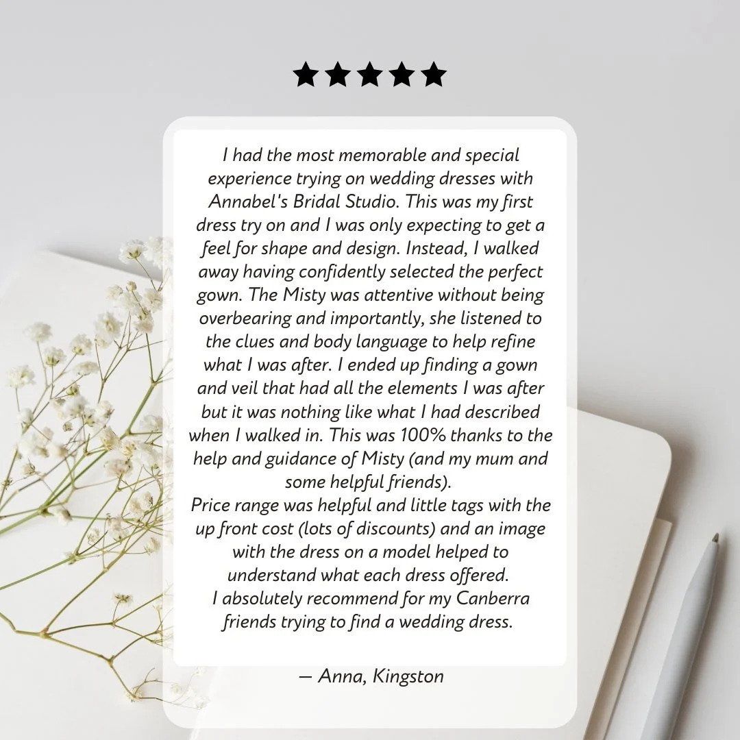 Thank you, Anna, for your wonderful review! We are thrilled to hear that you and your special guests had such an enjoyable experience with us. Your feedback truly motivates our team to keep delivering memorable moments.
🌟
Book at www.annabelsbridal.
