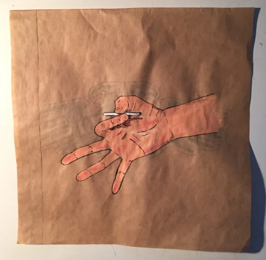   Acrylic, ink &amp; pencil on a portion of a Permanent Records (Highland Park, L.A., CA) bag  