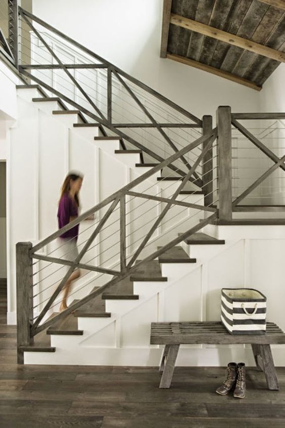 This staircase was my inspiration for the interior. I wanted the wood, the cable rods, and I love the dark gray wash. My floors upstairs in both Bride's and Groom's suite will be very similar to these floors you see here.