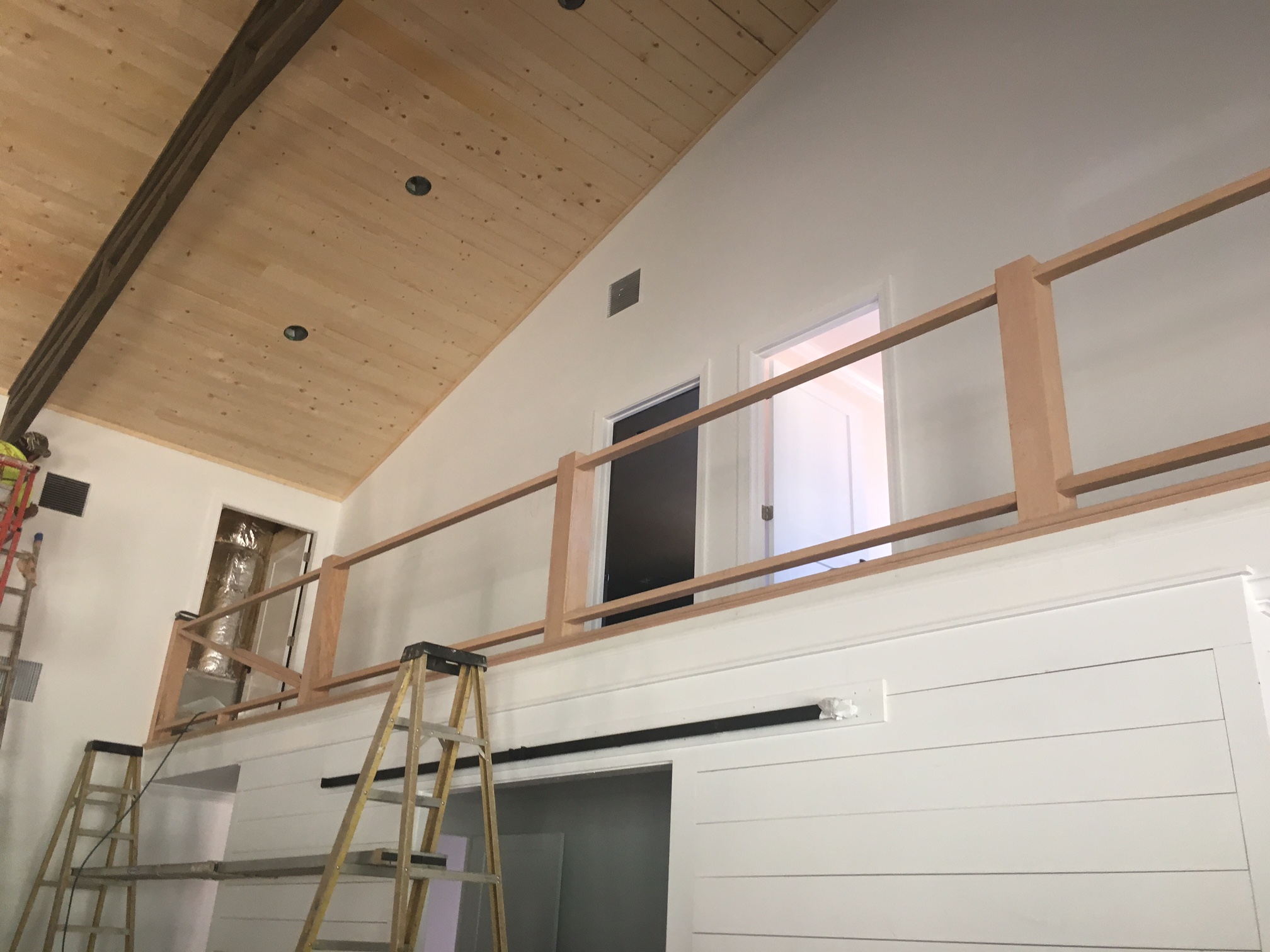 Shiplap installed around the Tack Room walls and staircase being installed today