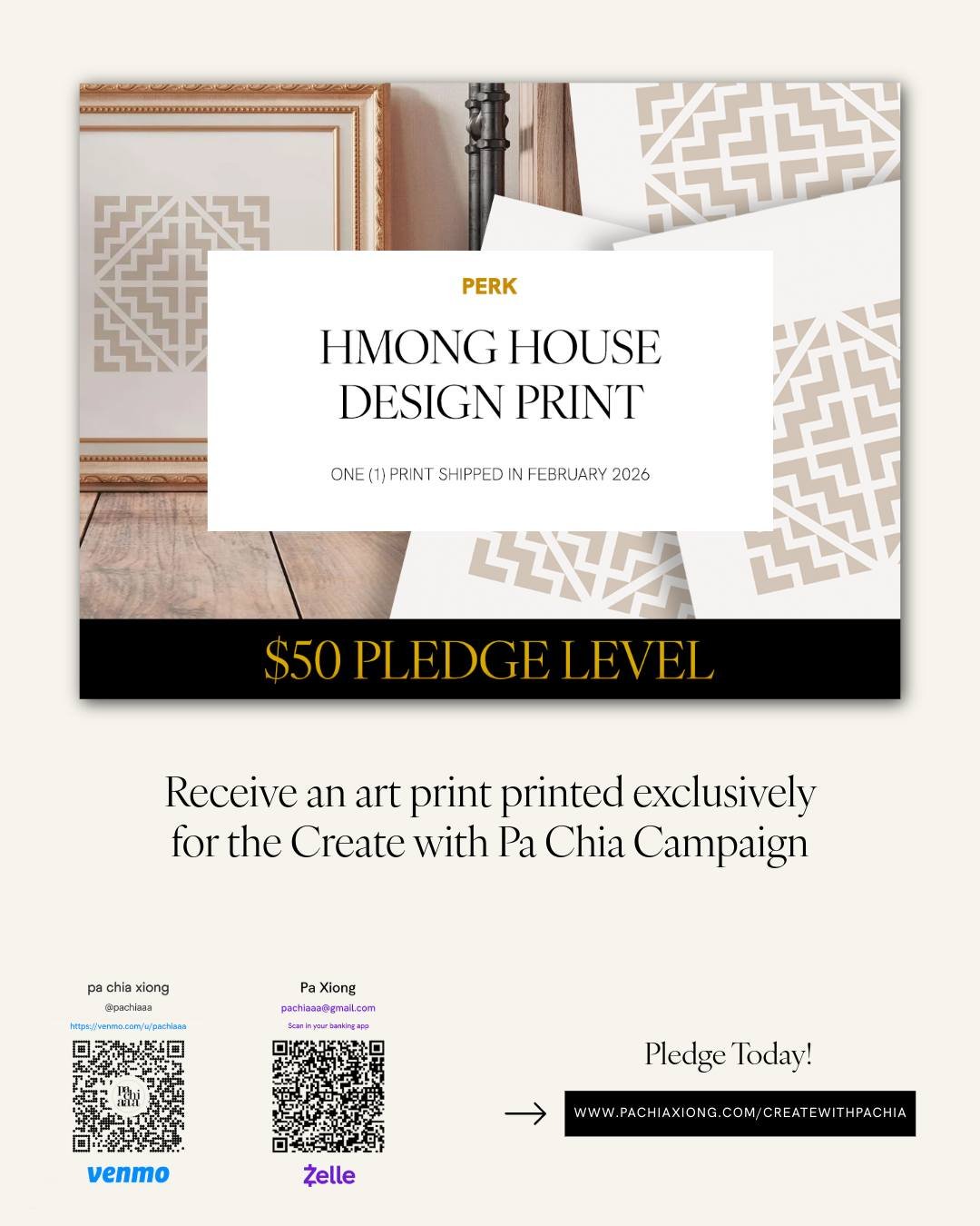 Join me in creating.

With a $50 pledge, you&rsquo;ll receive an exclusive 8&times;10 art print from my graphic design work, @pachiaaa. This minimalist piece was originally designed for my home and reflects where my creativity began.

A small, meanin