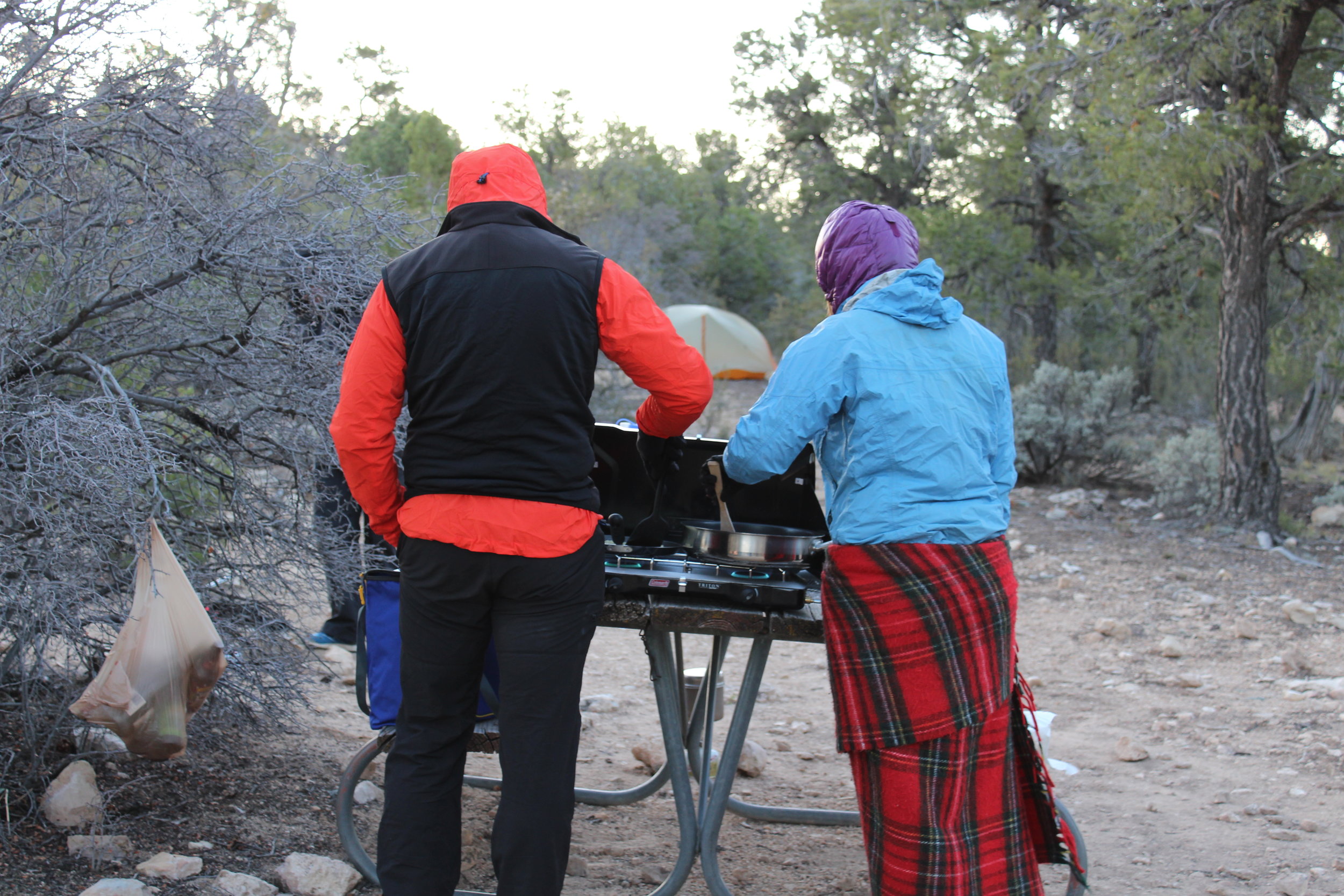 Maxime makes crepes, Tory makes bacon. It was cold . . . can you tell?