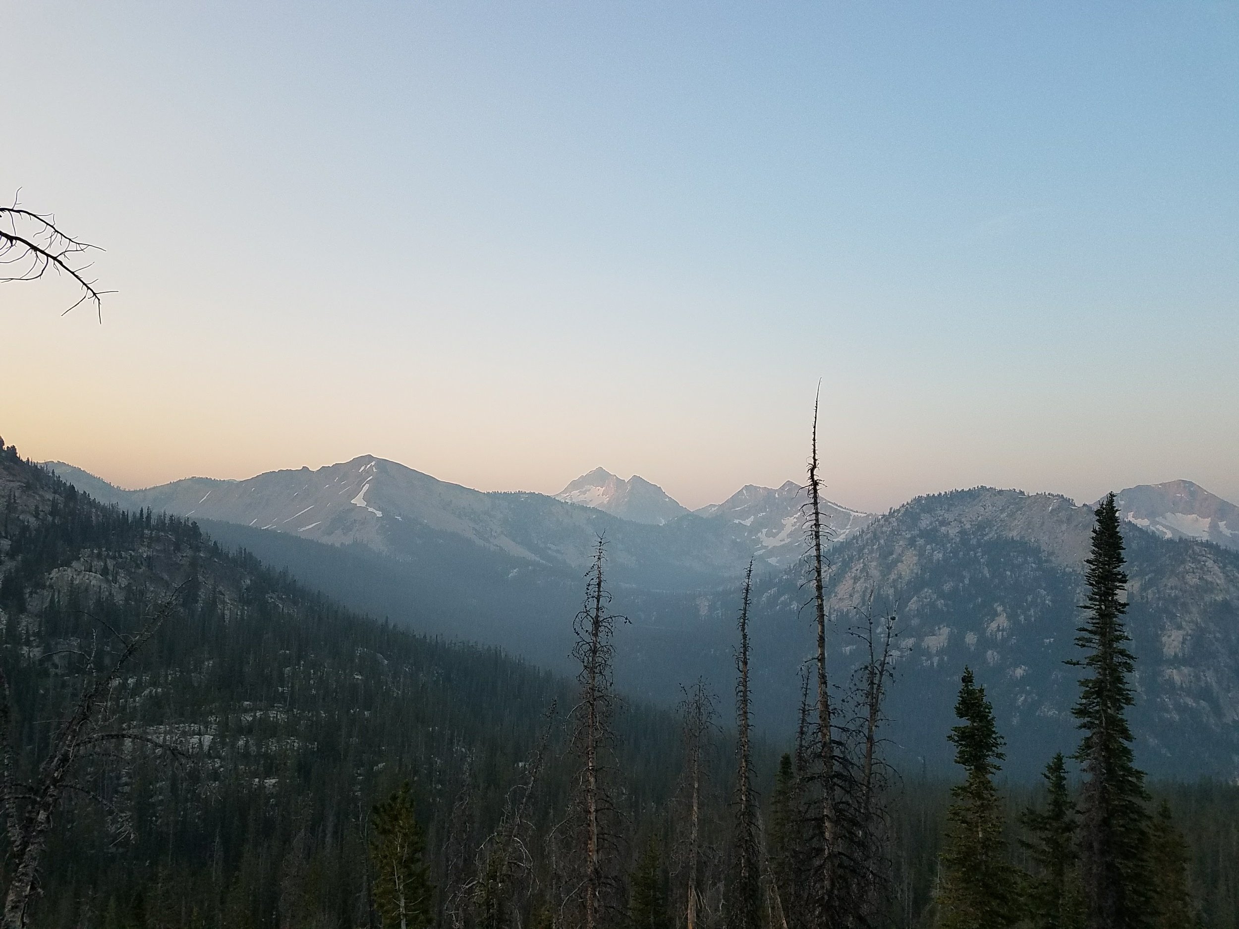 Early morning in the Sawtooths. At 6:30, it was light enough to get a picture. That's Snowyside Peak in the center.