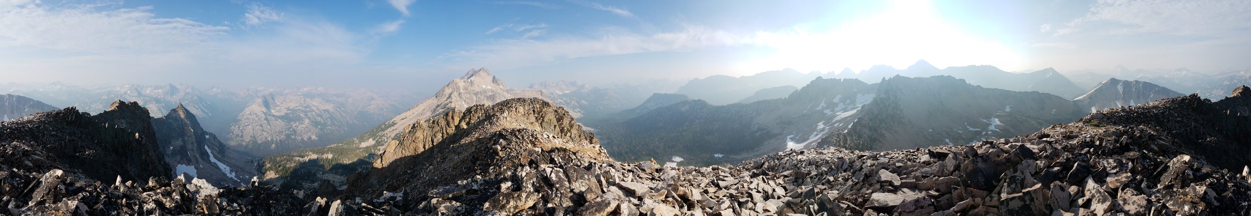 Panorama from the top of Peak 10,060. Nothing but wilderness. North is approximately dead center, looking down Redfish Lake Creek. Click for a larger image.