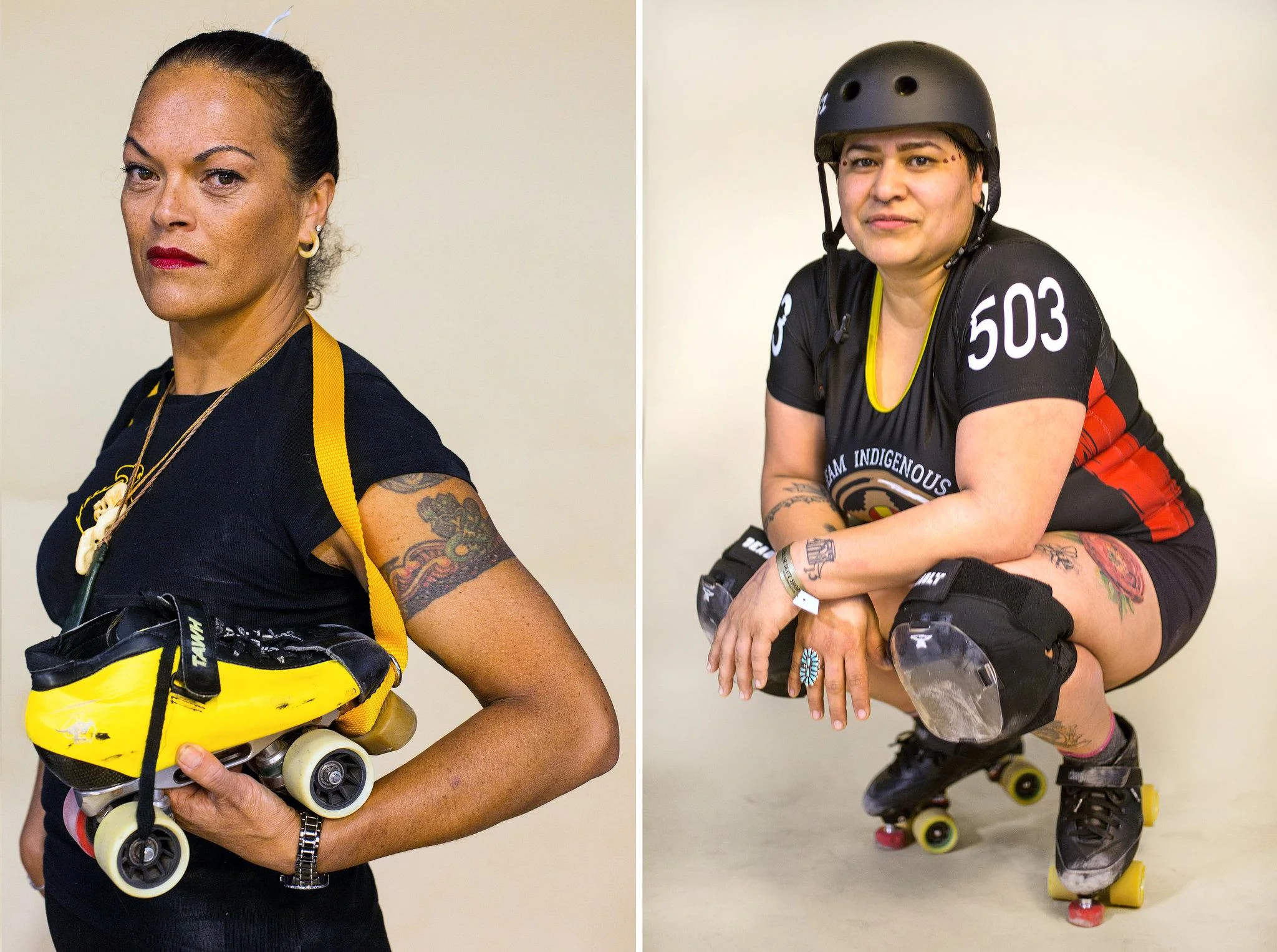 Christine Phillips-Ryburn, left, a.k.a. “Whakintawh,” wears a hand-carved necklace made by her father from the Taranaki Iwi tribe in New Zealand. Right, Melissa Waggoner, a.k.a. “Mick Swagger,” a co-founder of Team Indigenous, in the team’s uniform.