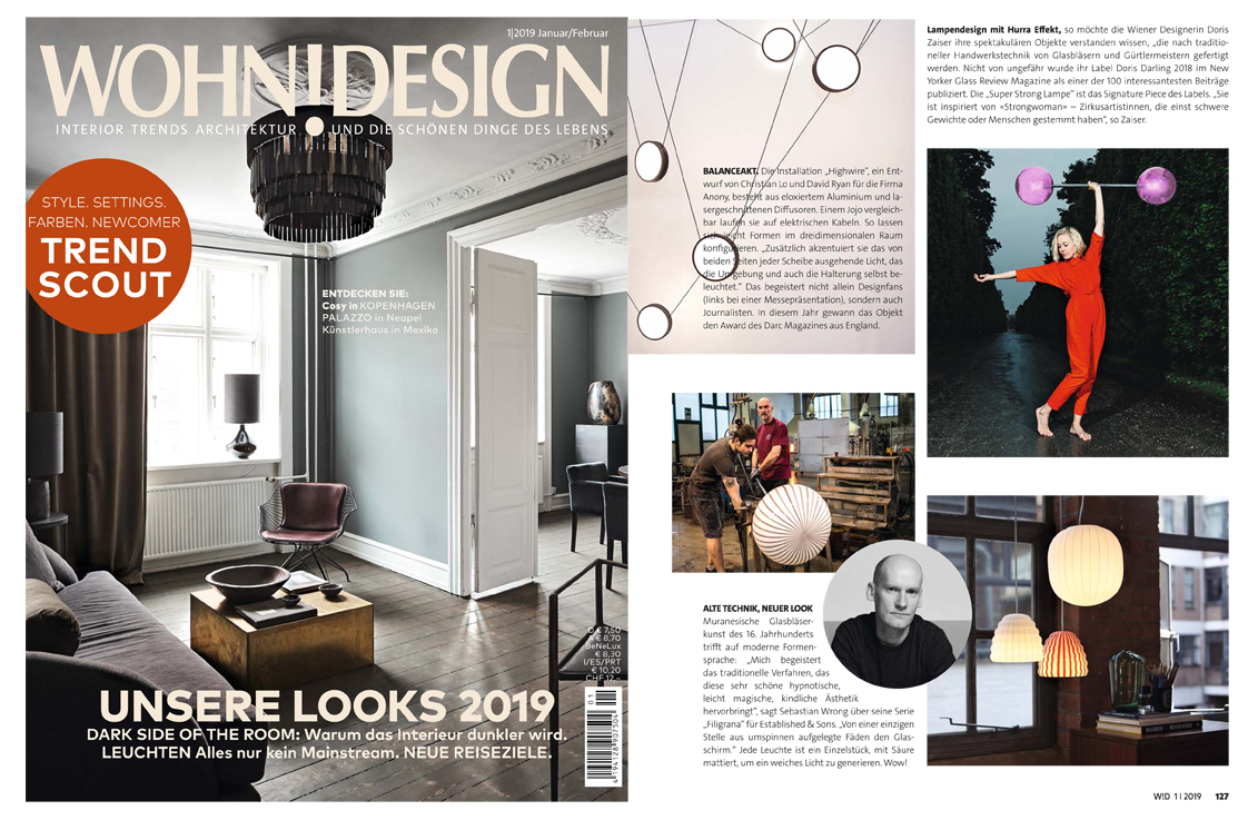 Wohndesign Magazin, 2019. “Lampen mit Hurra Effekt. So möchte die Wiener Designerin Doris Zaiser ihre spektakulären Objekte verstanden wissen, die nach traditioneller Handwerkstechnik von Glasbläsern und Gürtlermeistern gefertigt werden. Nicht von ungefähr wurde ihr Label Doris Darling 2018 im New Yorker Glass Review Magazine als einer der 100 interessantesten Beiträge publiziert. Die “Super Strong Lampe” ist das Signature Piece des Labels. Sie ist inspiriert von “Strongwomen” - Zirkusartistinnen, die einst schwere Gewichte oder Menschen gestemmt haben.” :-) Danke Wohnmagazin! www.wohndesign.de
