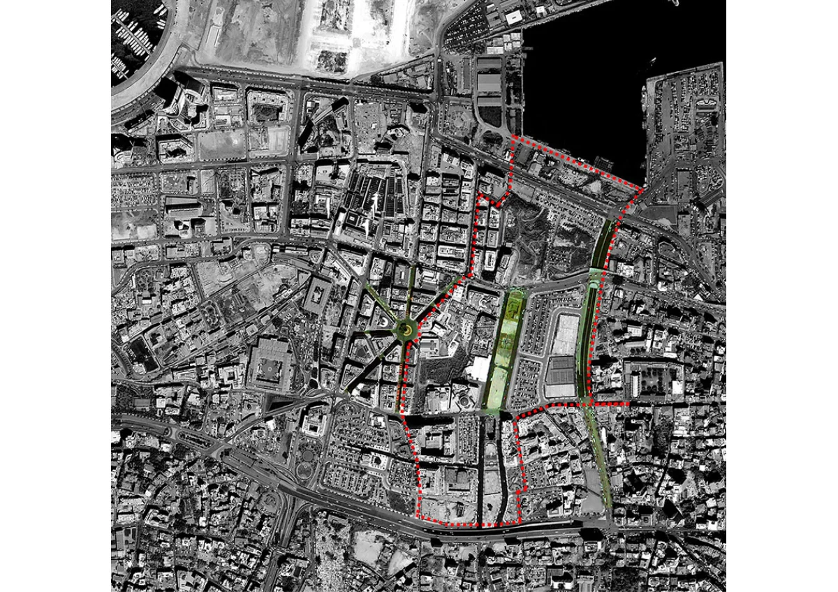 This instrumentality of type is tested in a project for a new capital centre around the historic Martyrs Square, the oldest civic centre of the city, and its associated archaeological sites. Deliberately compromised in its urban and political significance by Solidere, the real estate company commissioned to undertake and manage the reconstruction of a new centre, the counter-project reclaims the square’s role as a primordial civic space. fig.5: Martyrs Square: A central stip between the French reconstructed centre and the highway