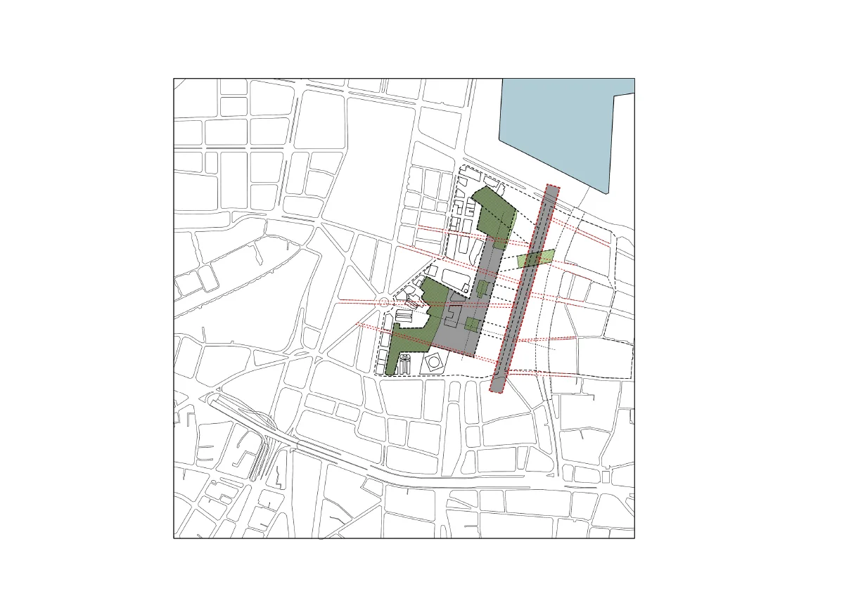 The project understands the articulation of the political in a new secular city centre as dependent on a synthesis of the domestic sphere of the individual and a public space of coexistence, and uses the central hall type to explore this spatial relationship between citizens and society. fig.7: A central spine at the scale of the neighborhood