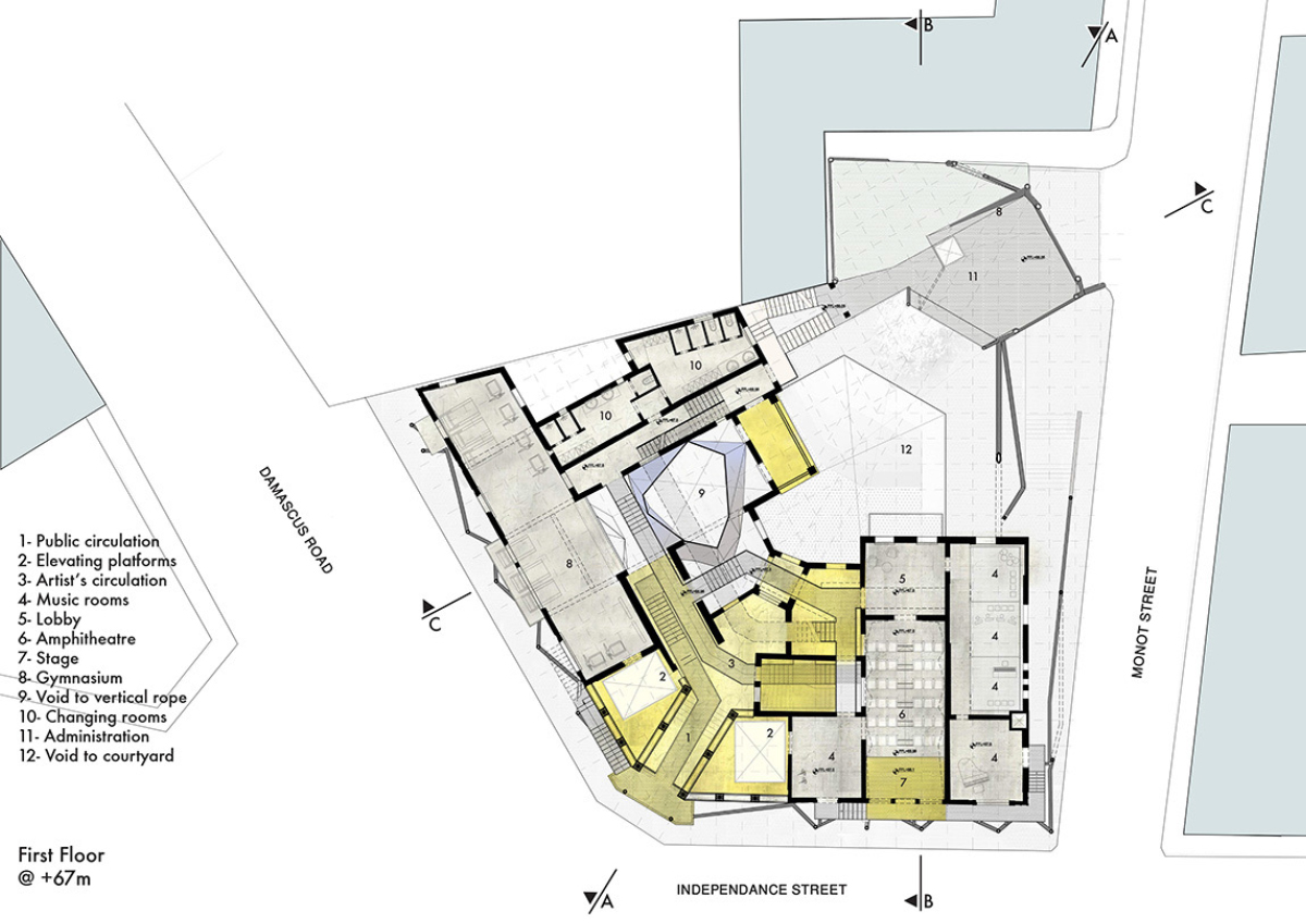 Public and private circulation intertwine throughout the building, culminating in a covered roof theatre that projects the lights of the show to the city around. 