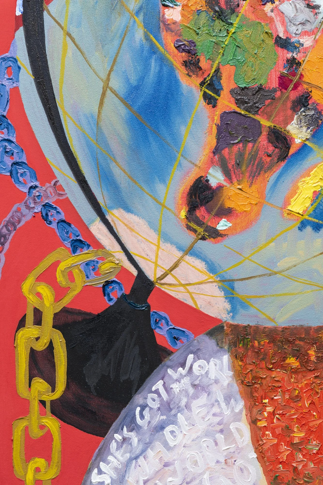 SHE’S GOT THE WHOLE WORLD ON HER BACK Oil and gouache on canvas 77 x 52cm