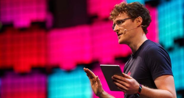 In Lisbon, Web Summit founder Paddy Cosgrave “paced the stage like a man who had lost his keys, clutching a tiny iPad as a life raft”. Photograph: Andre Kosters/EPA