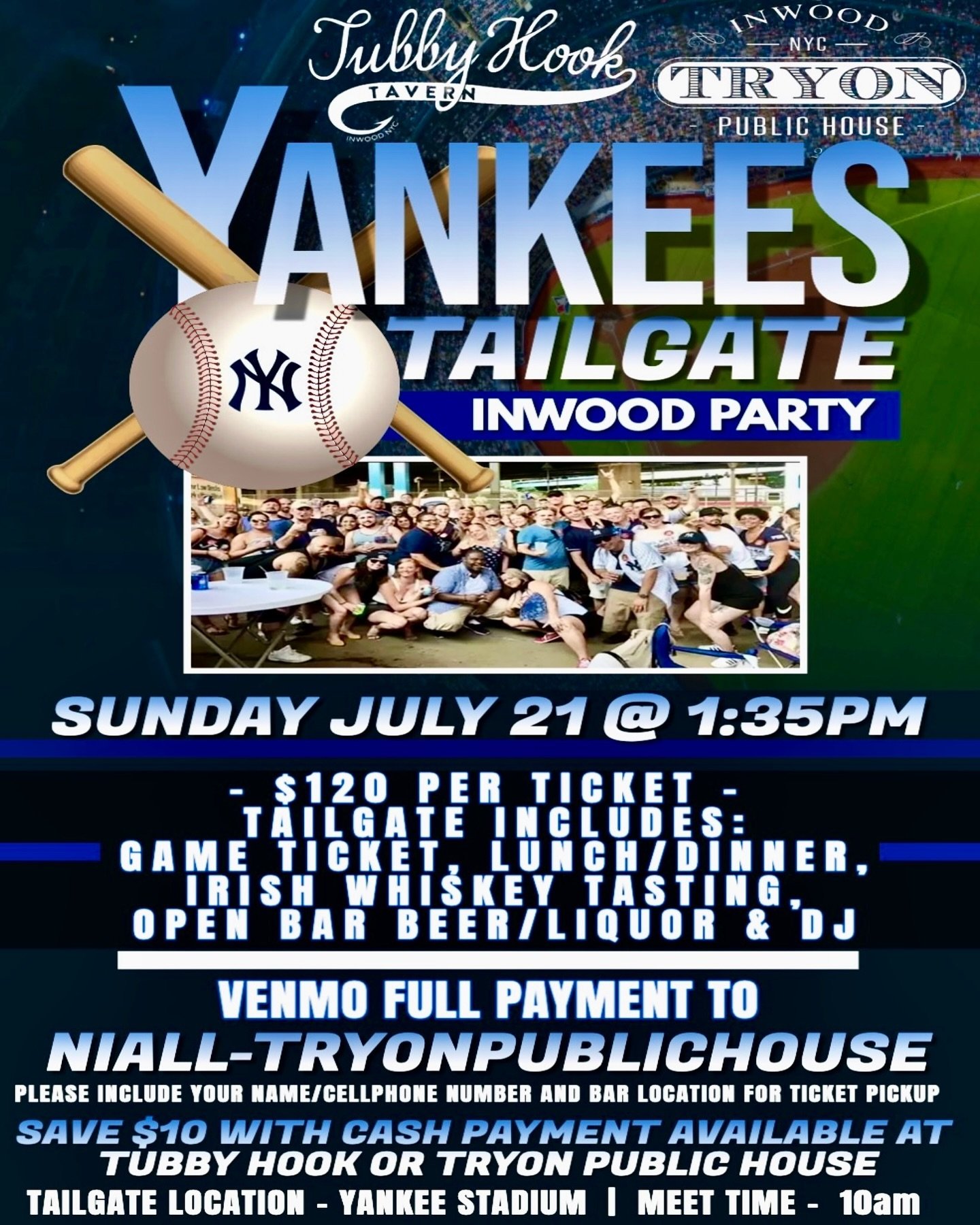 ⚾️ Get ready for the summers ultimate Yankees Tailgate Party on July 21st!🍻

Join us for a day of baseball, booze, as we celebrate our beloved Yankees in style! ⚾️🍺

🌭🍔 Enjoy an all-you-can-eat lunch/dinner spread featuring all your tailgate favo