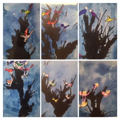 Fun with India Ink! Watercolor, ink, paper, colored pencil, marker.