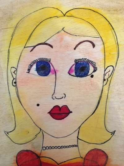 Portrait on wood. Pencil, watercolor, Sharpie on wood. Age 10