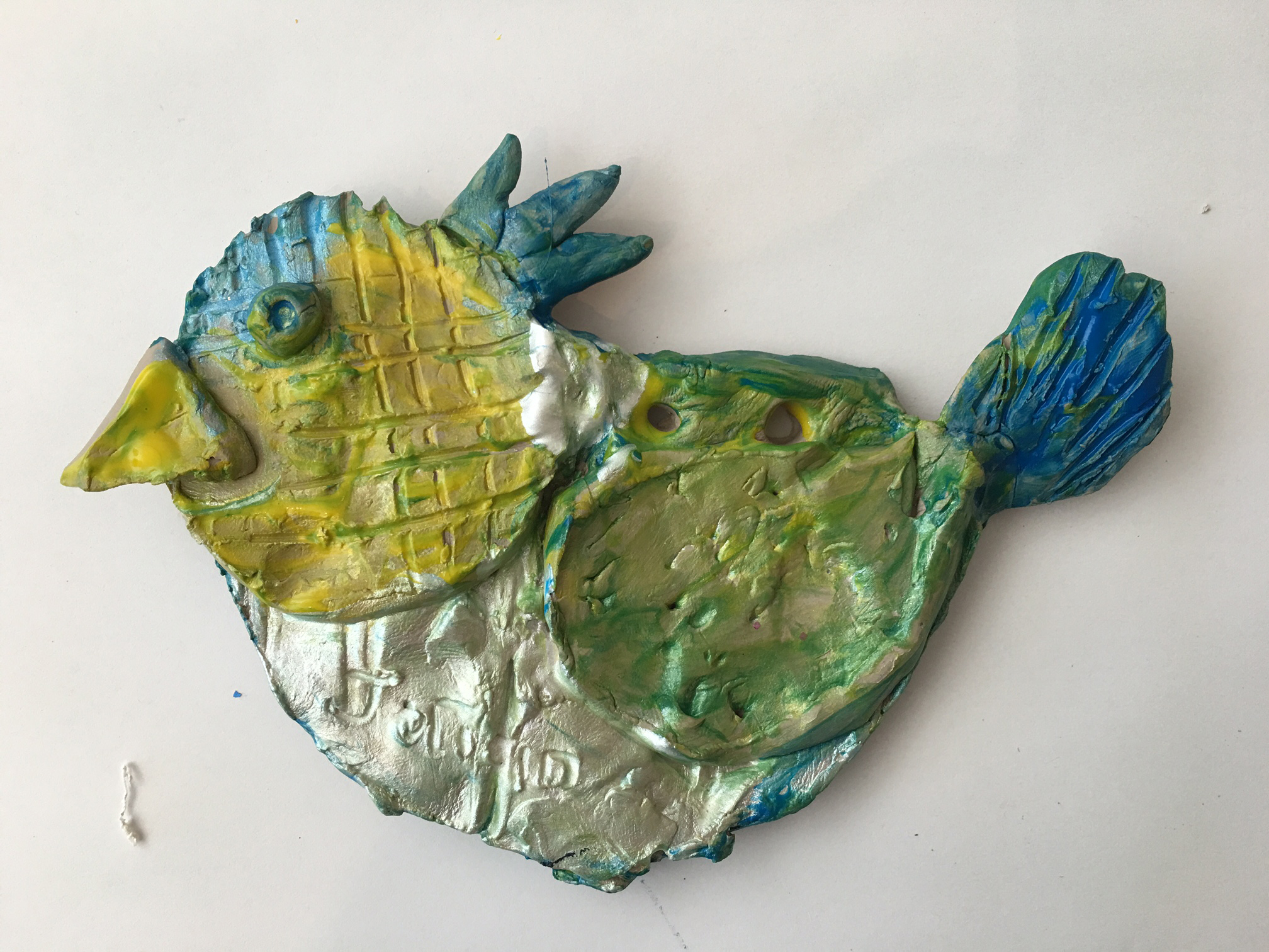 Clay slab bird with tempera glaze