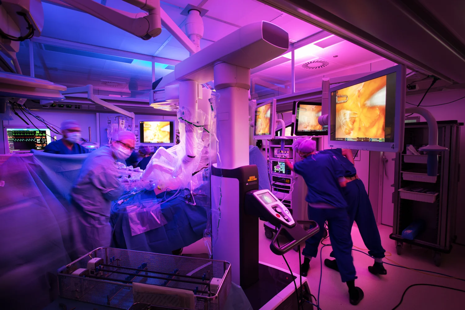  This is the Da Vinci surgical robot in the Erasmus Medical Centre in Rotterdam. The robot minimises the size of the wound and specialists can operate the robot from anywhere around the world if needed, not having to fly over a surgeon for a speciali