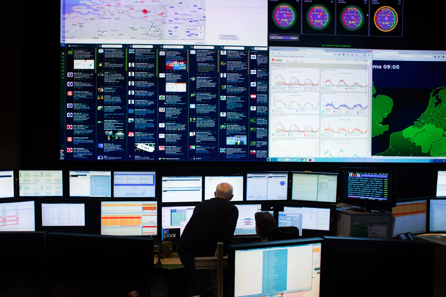  This is the Network Operations Centre (NOC) of KPN Netherlands. It is the biggest NOC in the country and it’s dedicated to monitoring all networks of the company like (digital) TV, Telephone and internet.    Everybody realises that keeping the bigge