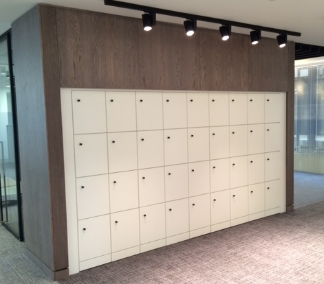 Lockers set into an alcove and flush fitted.