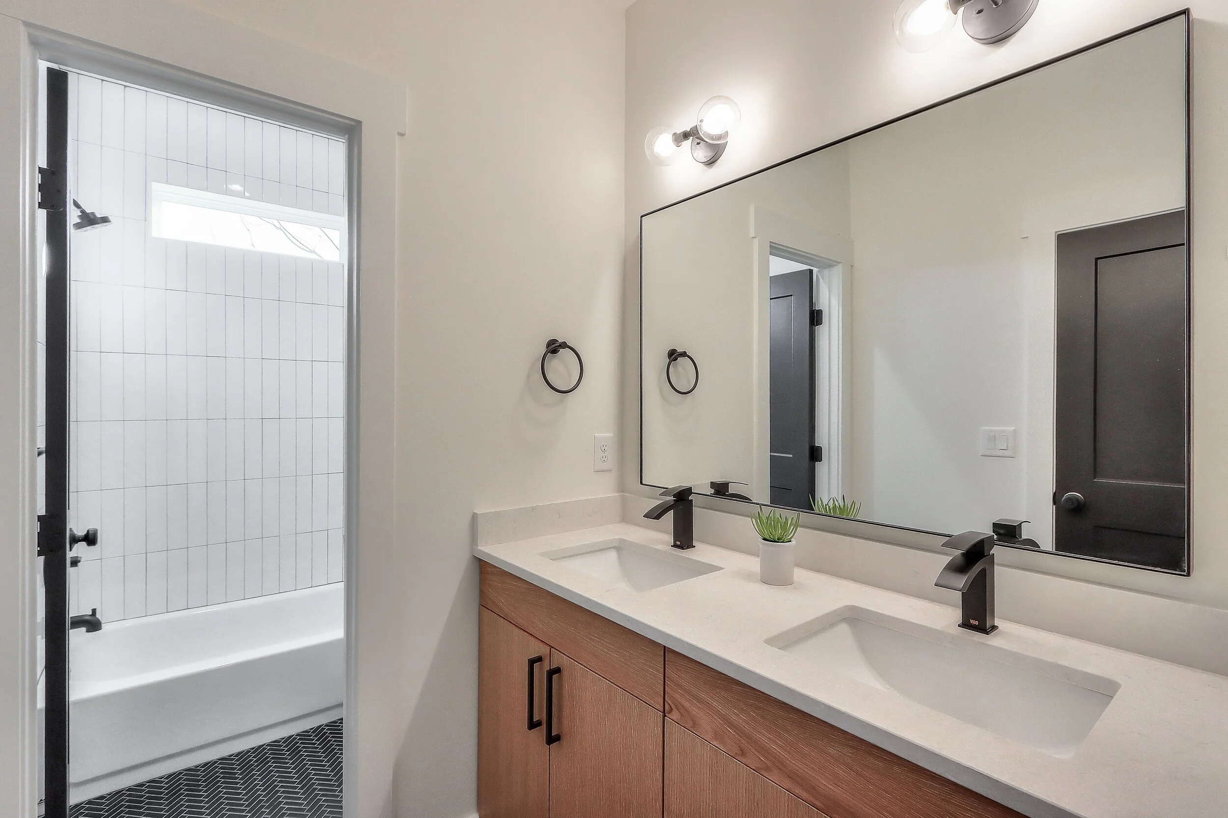 Custom White Oak Bathroom Vanity and Steel Mirror