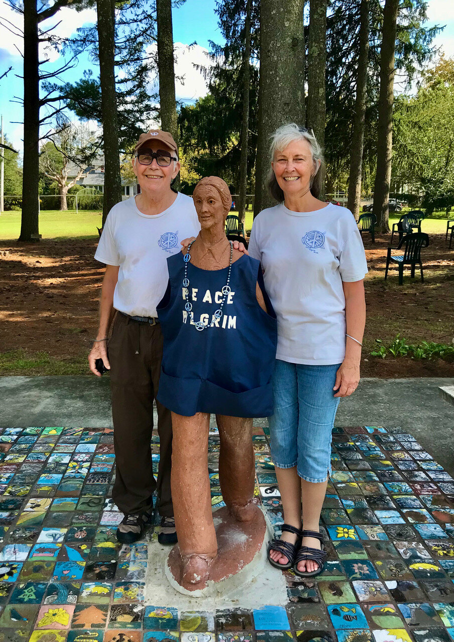  FoPP Board Members Bruce Nichols and Barbara Reynolds with the Peace Pilgrim statue at her namesake park in Egg Harbor City, NJ.  