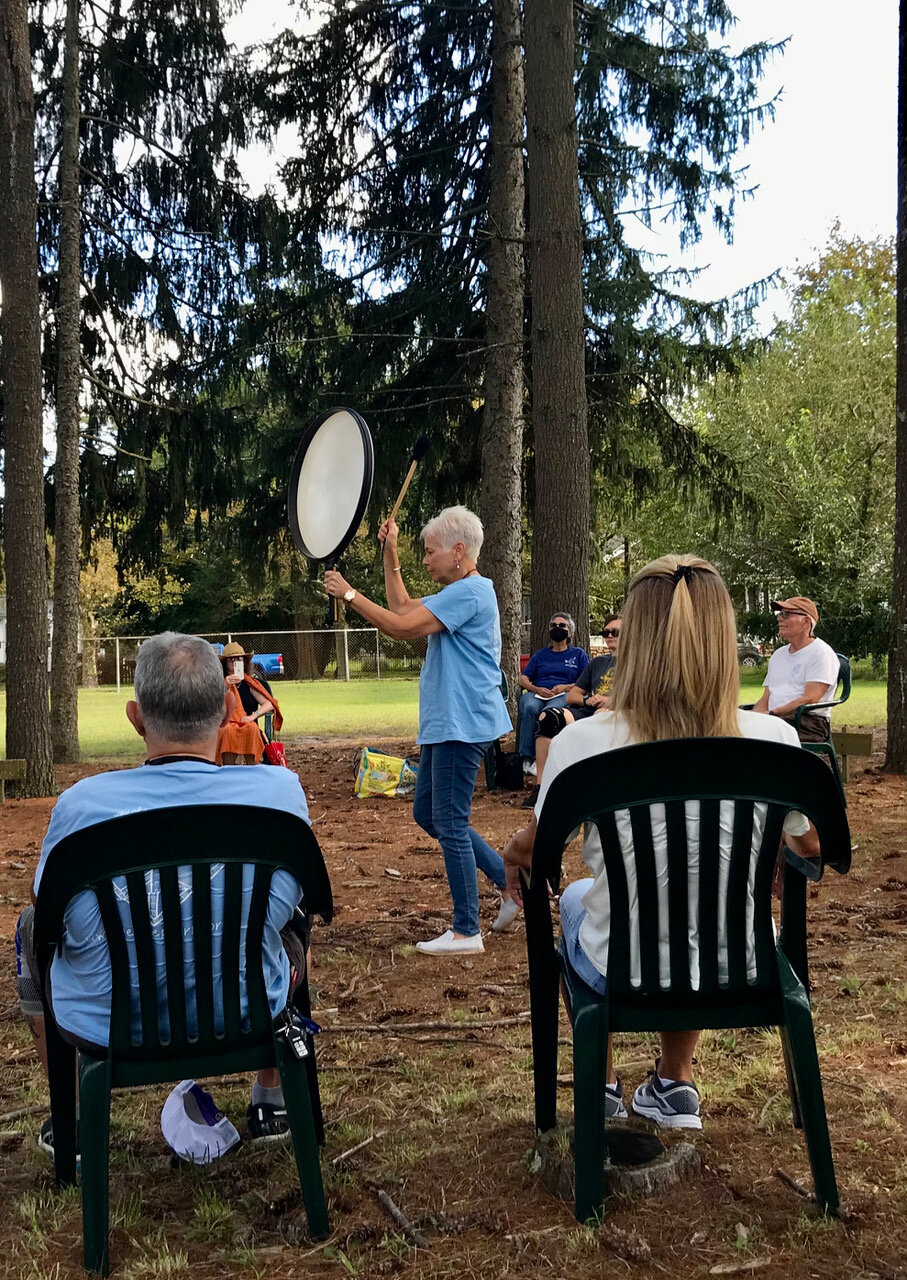  Naida Burgess offers yogic drumming during a silent meditation led by FoPP Board Member Bruce Nichols.  