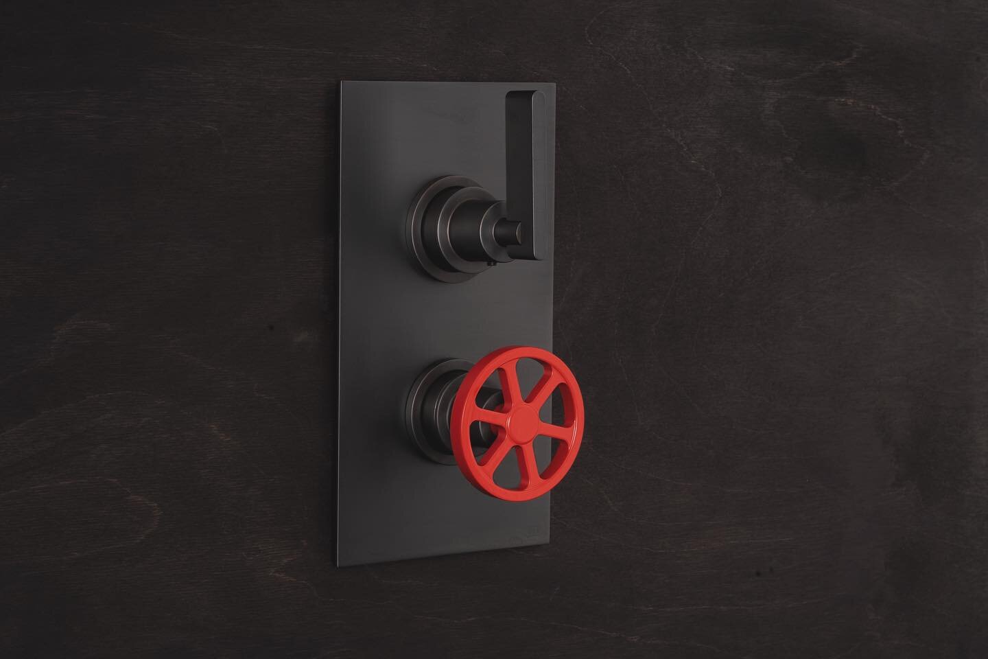 Custom Details- Featuring our 134- Shower Thermostat in Aged Iron. A client based in New York requested a red control handle on all thermostats and Taps. We were able to give their customer what they want. Contact us for details on customisations we 