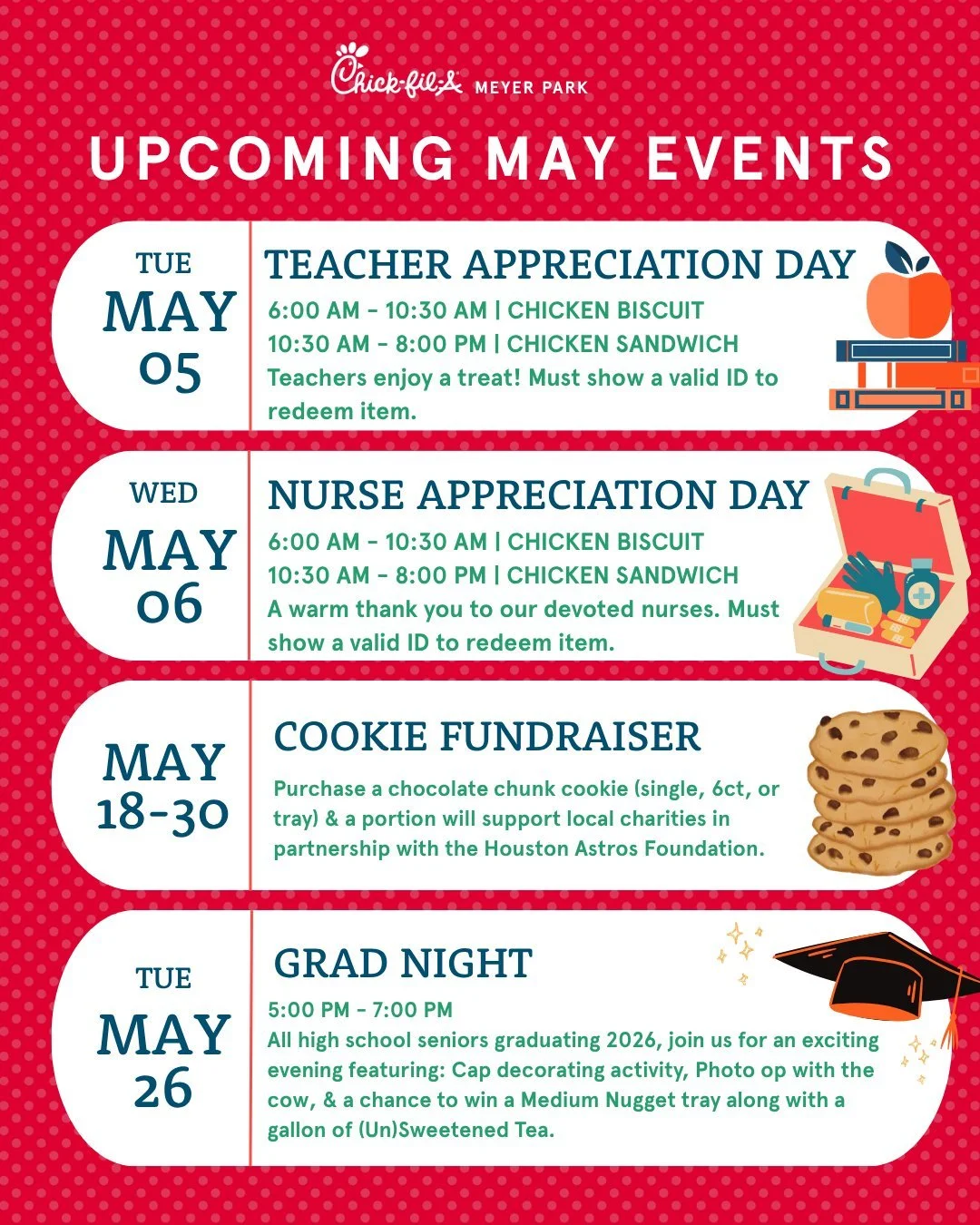 💙❤️ Upcoming May Family/Community Events here at Chick-fil-A Meyer Park (Slide 1) and Meyerland Plaza (Slide 2)! 

This month is all about celebrating you &amp; connect with the community. Don't miss out on the fun 🤩. Mark your calendars, set your 
