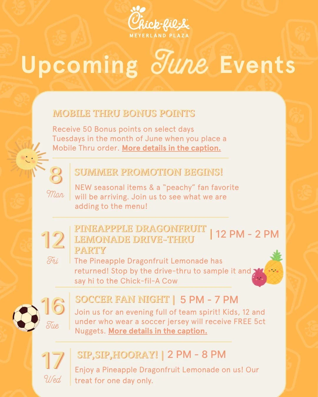 Summer is right around the corner at Chick-fil-A Meyerland Plaza and Meyer Park! Here is a look at the fun things we have planned for the month of June ☀️. 

❤️ Chick-fil-A Meyerland Plaza 
- 📱Mobile Thru Madness || Receive 50 bonus points when you 