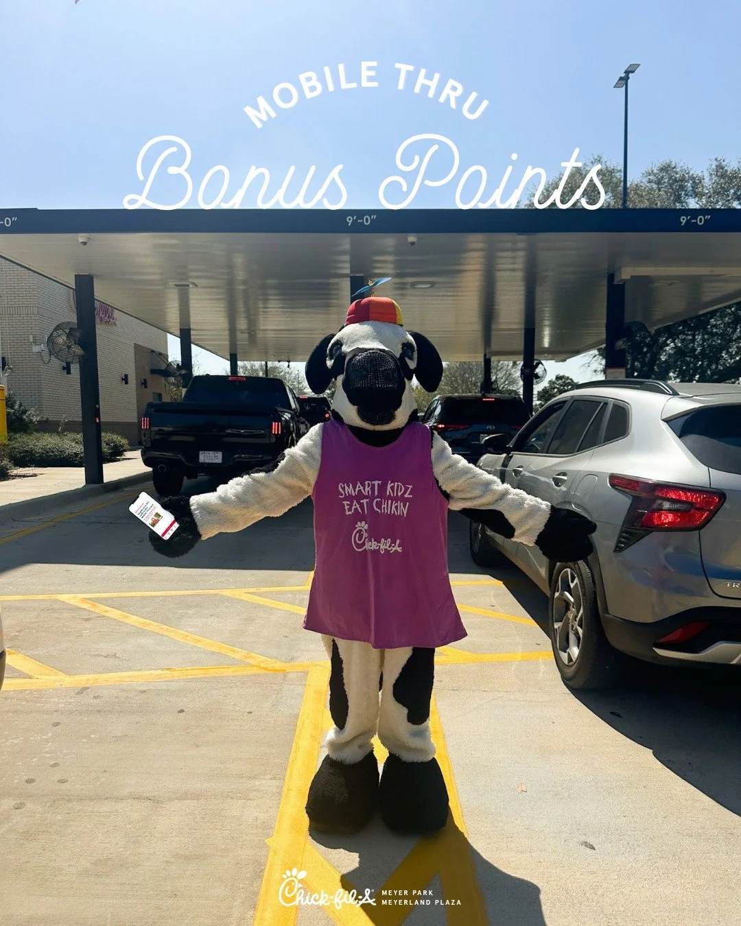 Bonus Points every Tuesday in June ☀️!

Receive 50 bonus points when you place a Mobile Thru order every Tuesday in June from 6:00 a.m - 10:00 p.m. at Chick-fil-A Meyerland Plaza and Meyer Park. 
.
.
Order must be a minimum of $10 to receive an addit