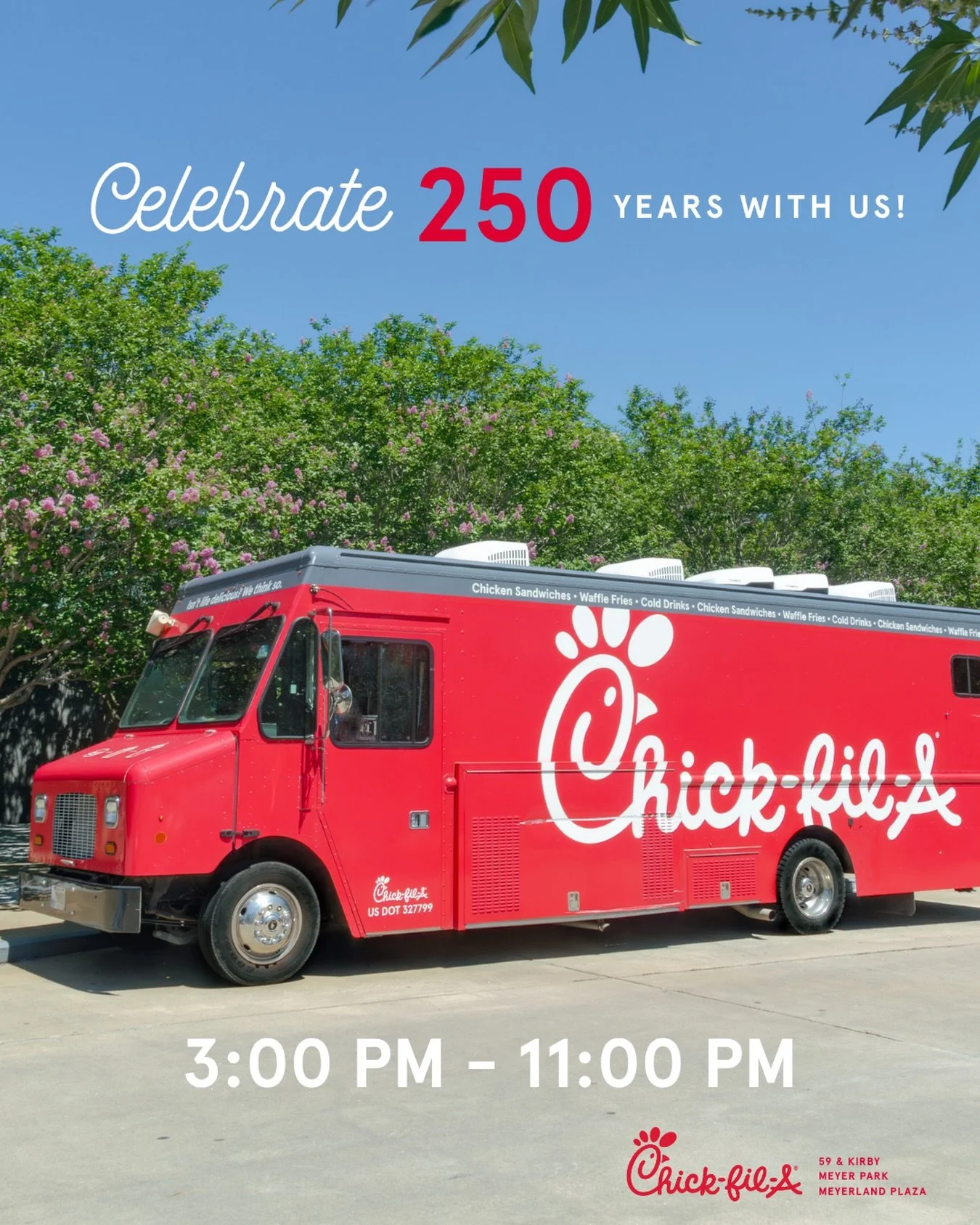 Watching the fireworks and craving Chick-fil-A? 

Join us &amp; celebrate 250 Years of Independence with us at Herman Park by the Miller Outdoor Theatre 🇺🇸! We will have our iconic Chicken Sandwich, Waffle Fries, &amp; more from our menu ❤️. 

We l
