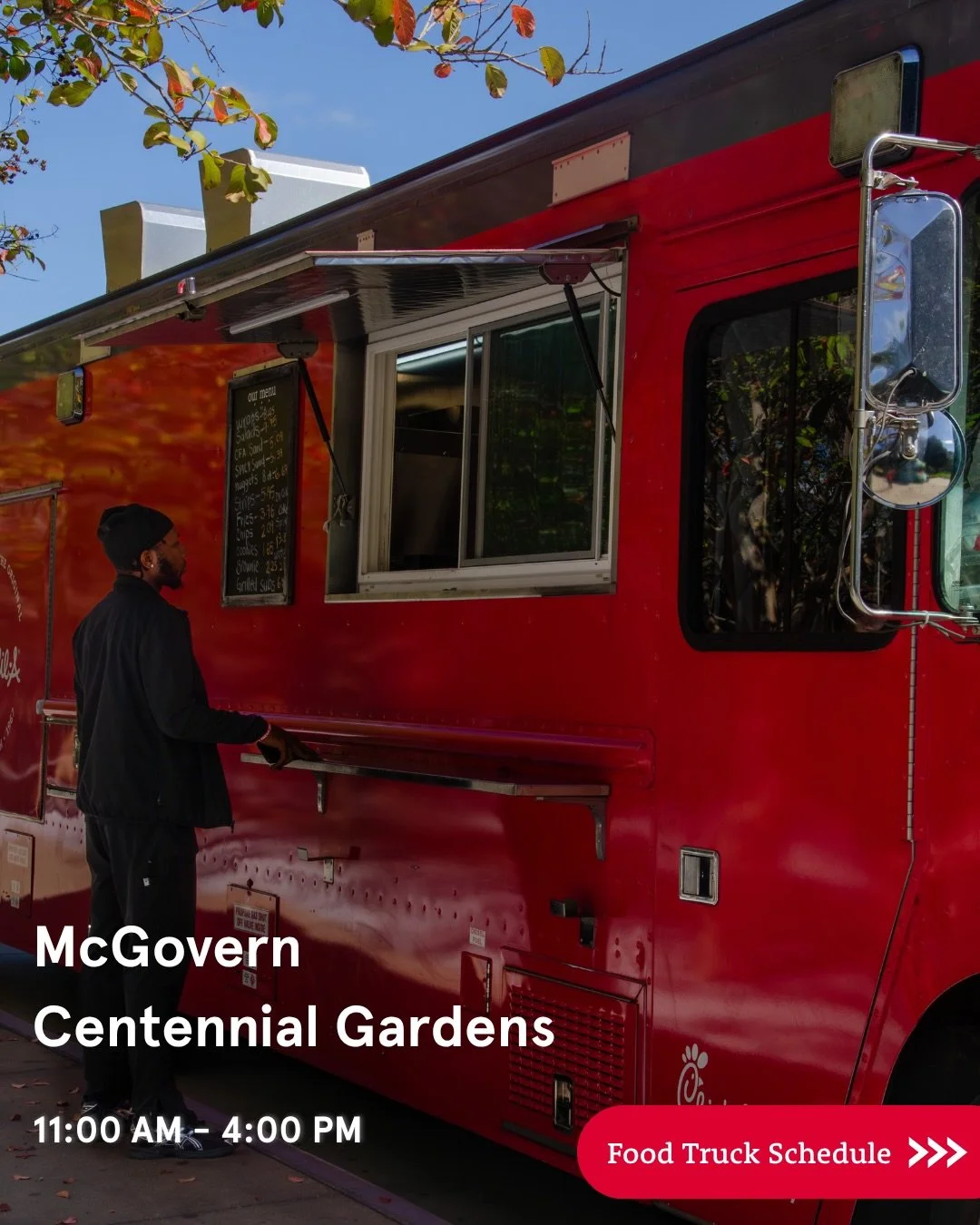 Enjoy the weekend at the park with some Chick-fil-A served right to you! Treat yourself, family, or friends here at McGovern Centennial Gardens from 11 AM - 4 PM.

Stop by the food truck, grab your favorites, and enjoy the day with us 🐄❤️. It&rsquo;