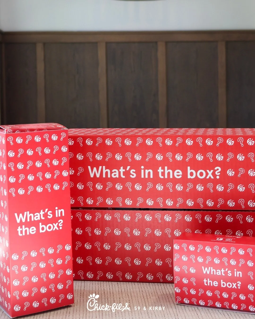 What&rsquo;s in the box 🤩? Surprise! Surprise! 
Place a Mobile order through the Chick-fil-A App on September 8th, September 15th, &amp; September 22nd from 5:00 PM - 8:00 PM for a chance to get a mystery box with your order, here at Chick-fil-A 59 