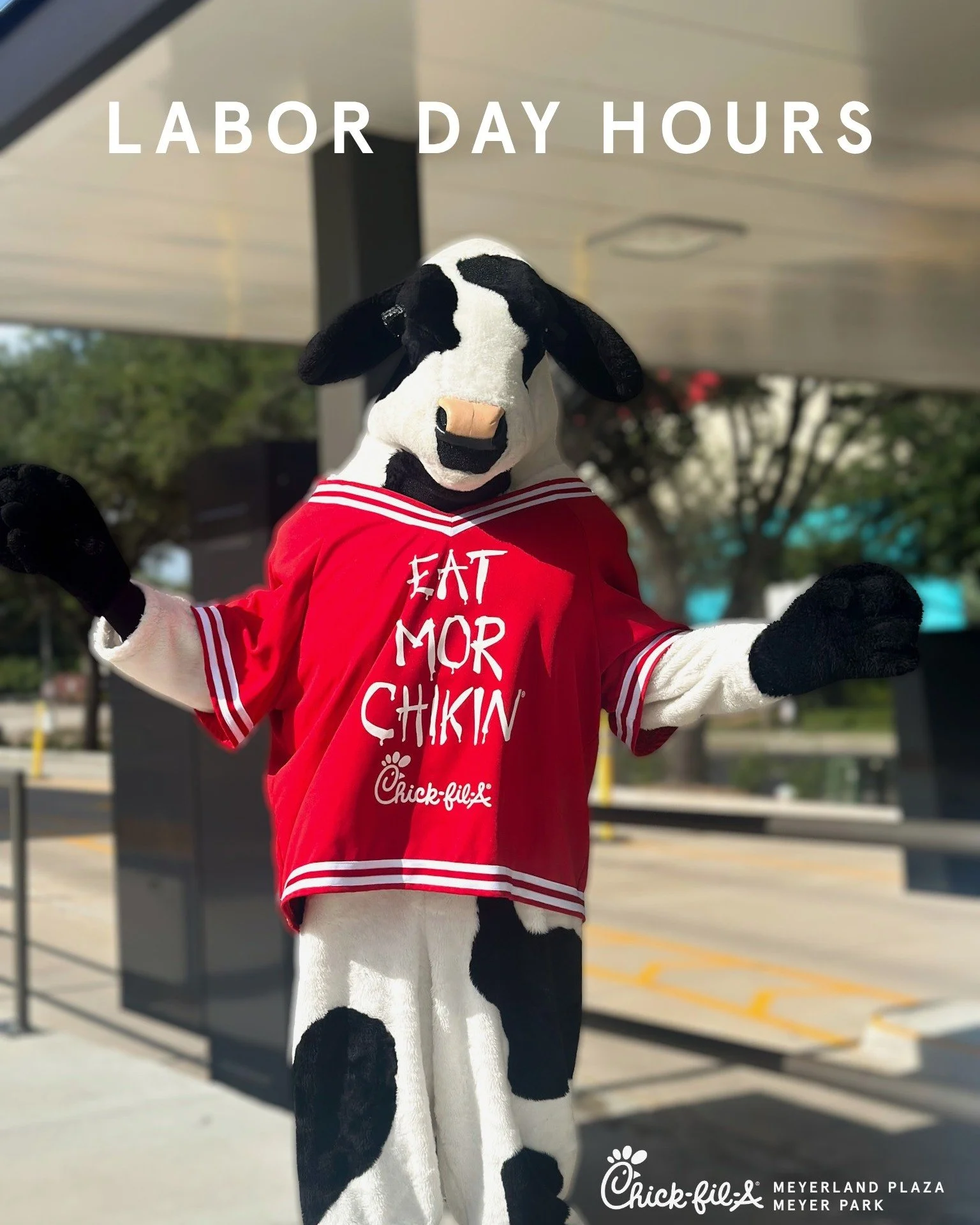 On Monday, September 7th Chick-fil-A Meyerland Plaza and Meyer Park will have reduced hours from 8:00 AM - 8:00 PM in observance of Labor Day 🇺🇸.
.
.
Your hard work is much appreciated. It's our pleasure to serve you.