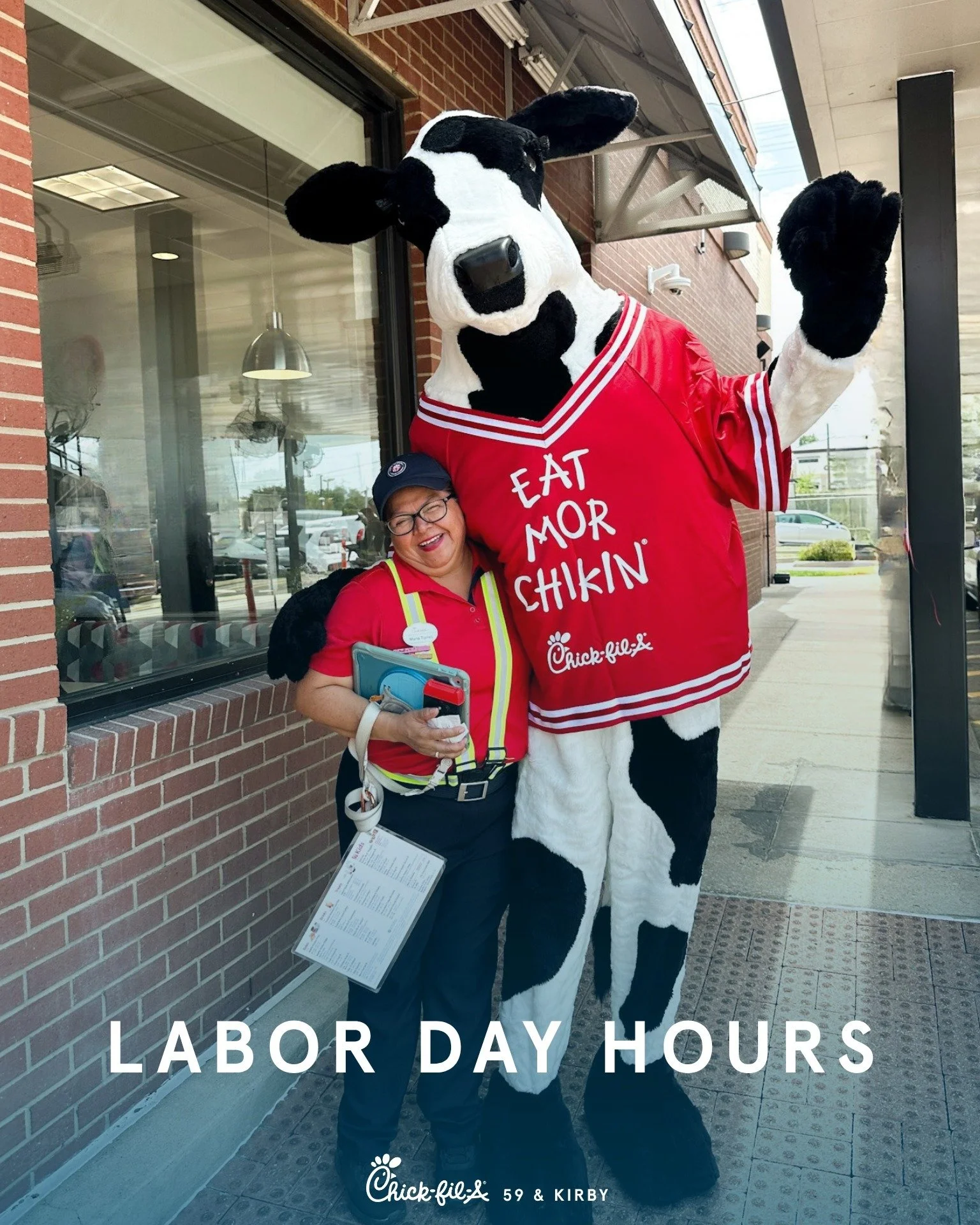 Happy Labor Day weekend from Chick-fil-A 59 &amp; Kirby 🇺🇸. On Monday, September 7th we will have reduced hours from 8 AM - 8 PM. 
.
.
Your hard work is much appreciated. It's our pleasure to serve you.