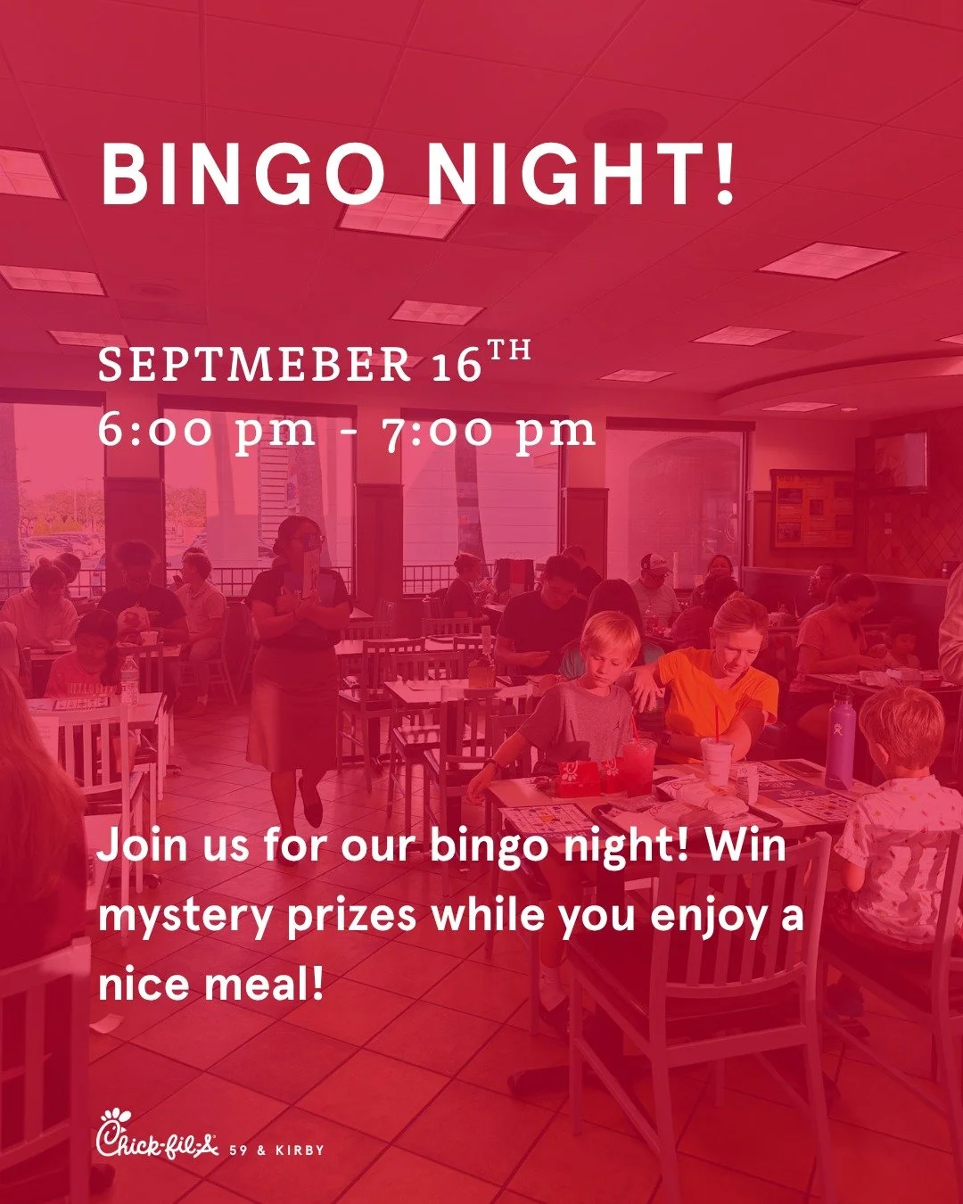 Friendly reminder 💭. Join us for our Bingo Night tomorrow, September 16th, from 6:00 PM to 7:00 PM. We will have challenges between games, mystery prizes for the winners, and fun for everyone! 

We look forward to seeing you at Chick-fil-A 59 &amp; 