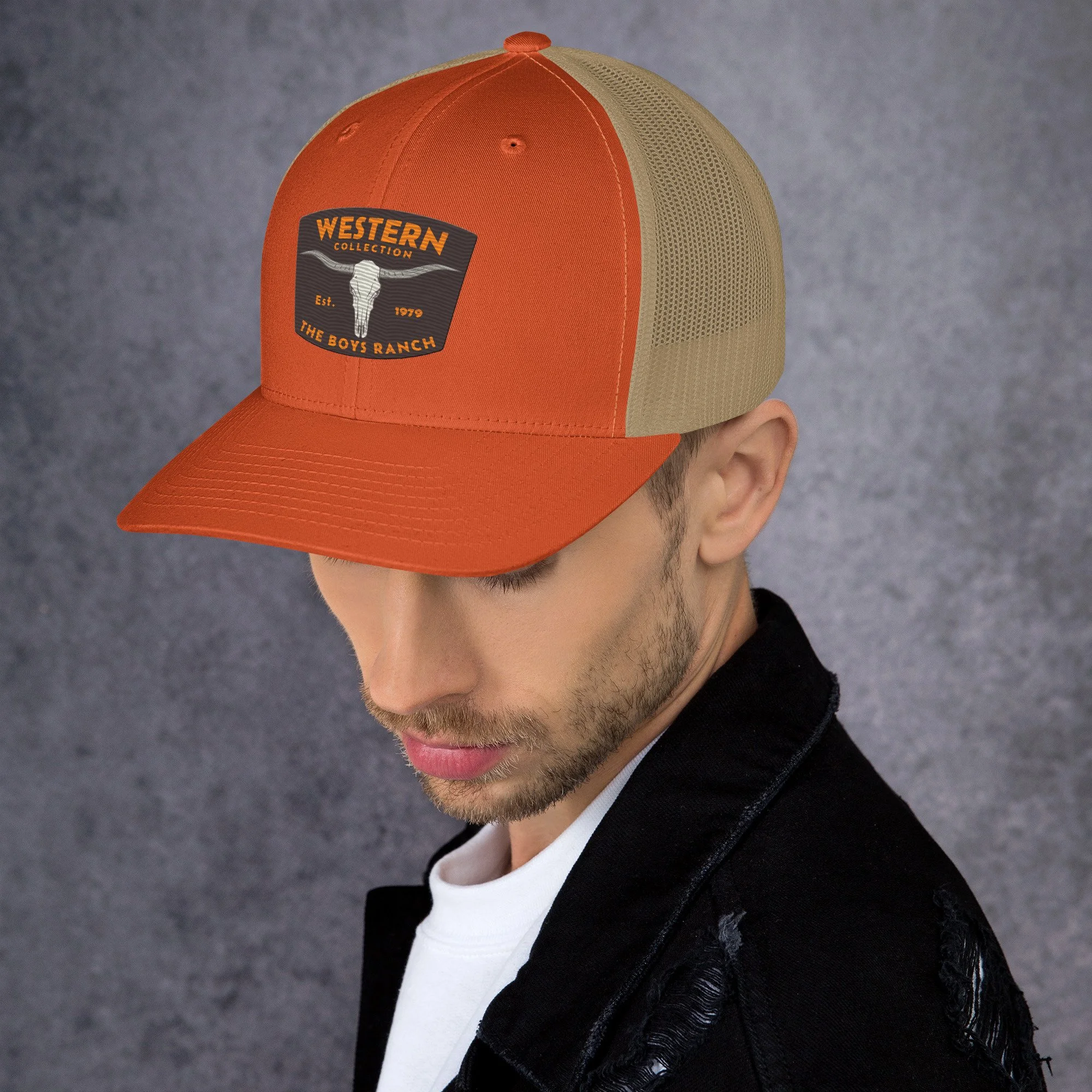 retro-trucker-hat-rustic-orange-khaki-left-6644fc0fc953a.jpg