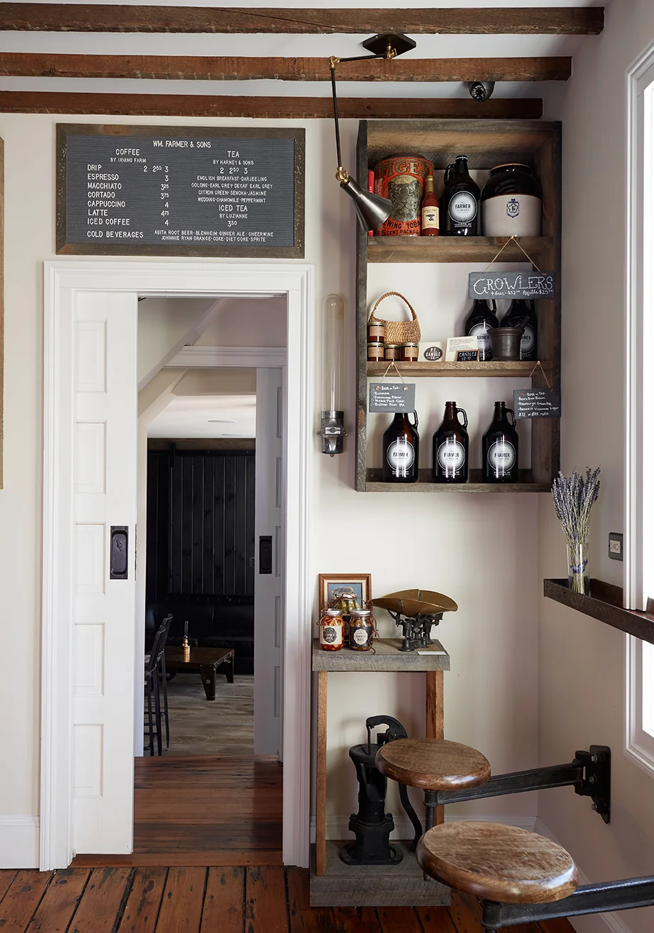 Looking down into The Restaurant sitting area from The Mercantile. We designed the space to create a warm flow from room to room, and even nook to nook.
