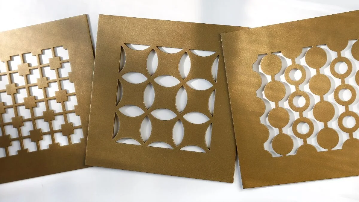 Shown here Modern Metal patterns: Square Squared, Moroccan &amp; Marshmallow in powder coat Baritone