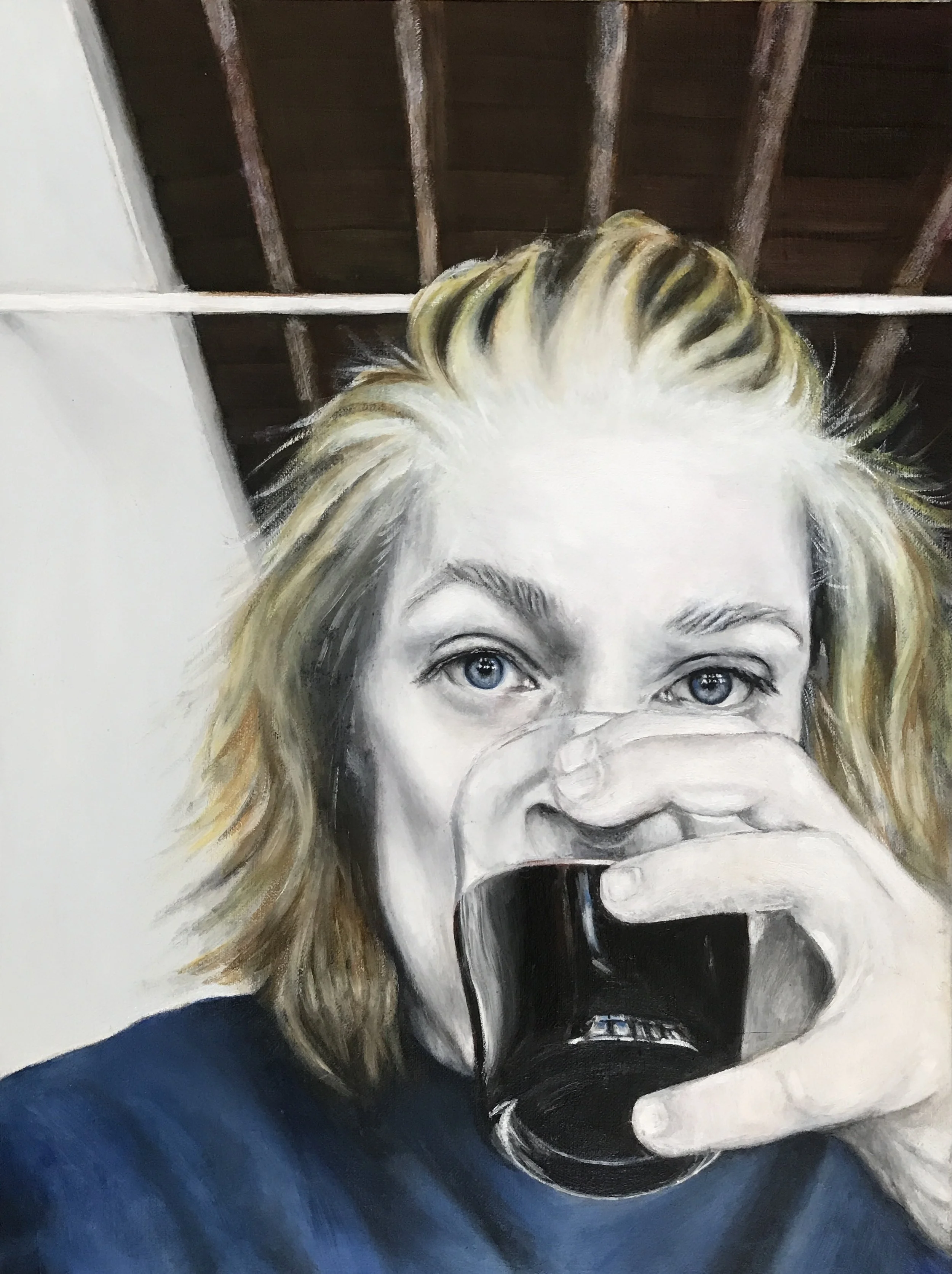 2023 Self Portrait with Espresso: 16" x 12" Oil on Linen