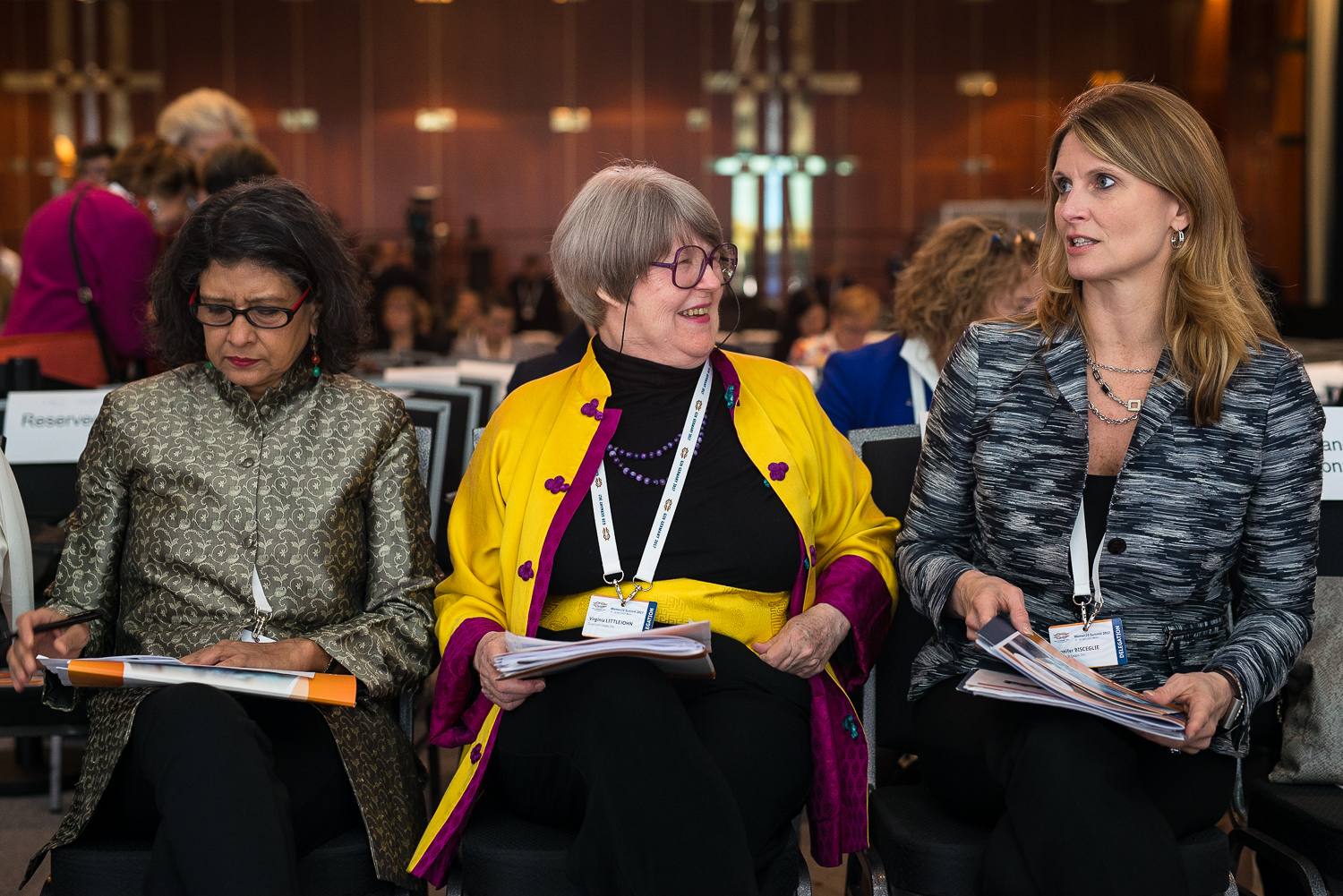 Sucharita Eashwar of India, Virginia Littlejohn and Jennifer Bisceglie immediately before presenting recommendations from their three W20 working groups -- Finance, Digital Inclusion, and Strengthening the W20