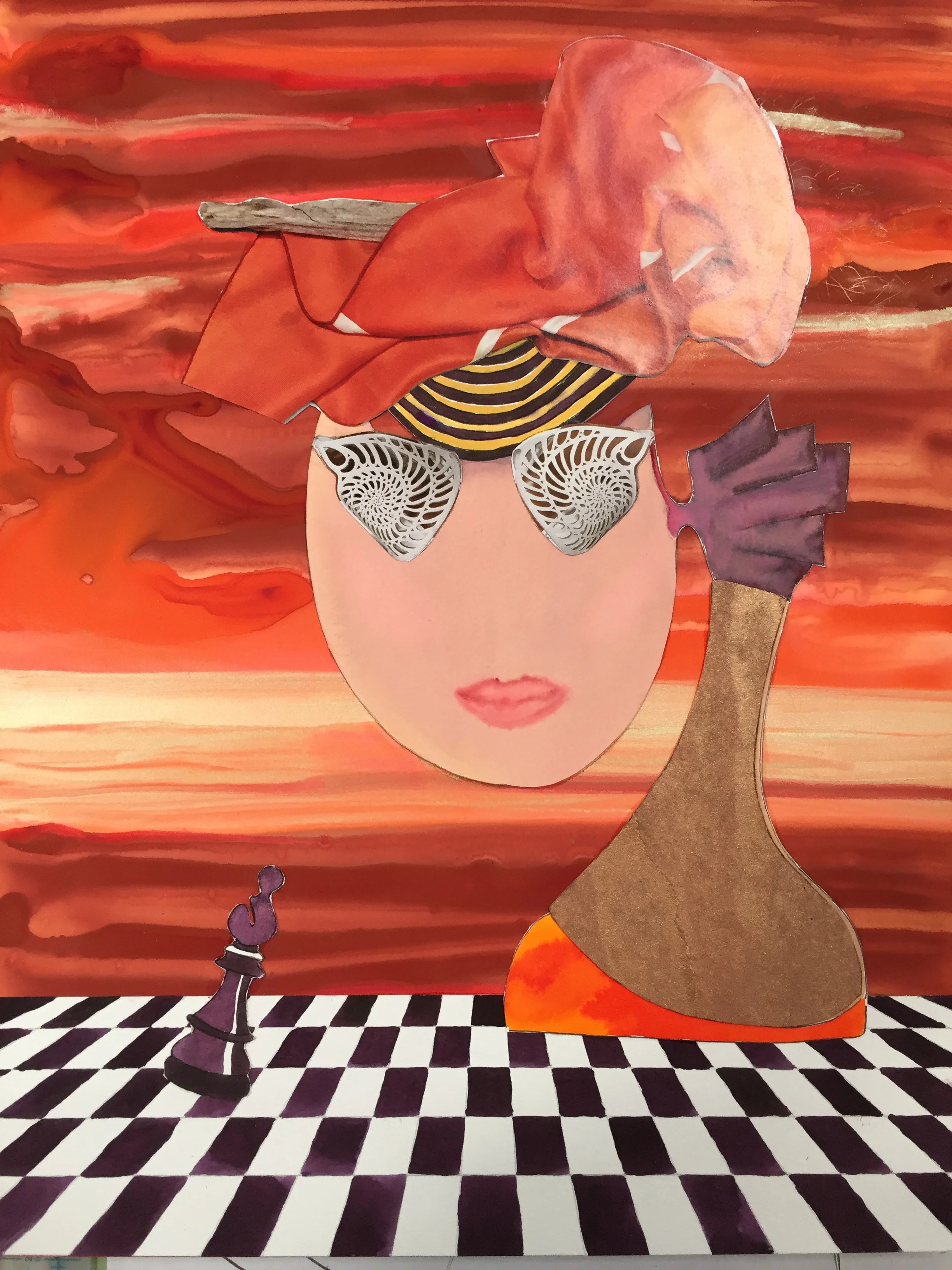 Court Attendant 2016, Watercolor Paper & Resin, 18” x 24”