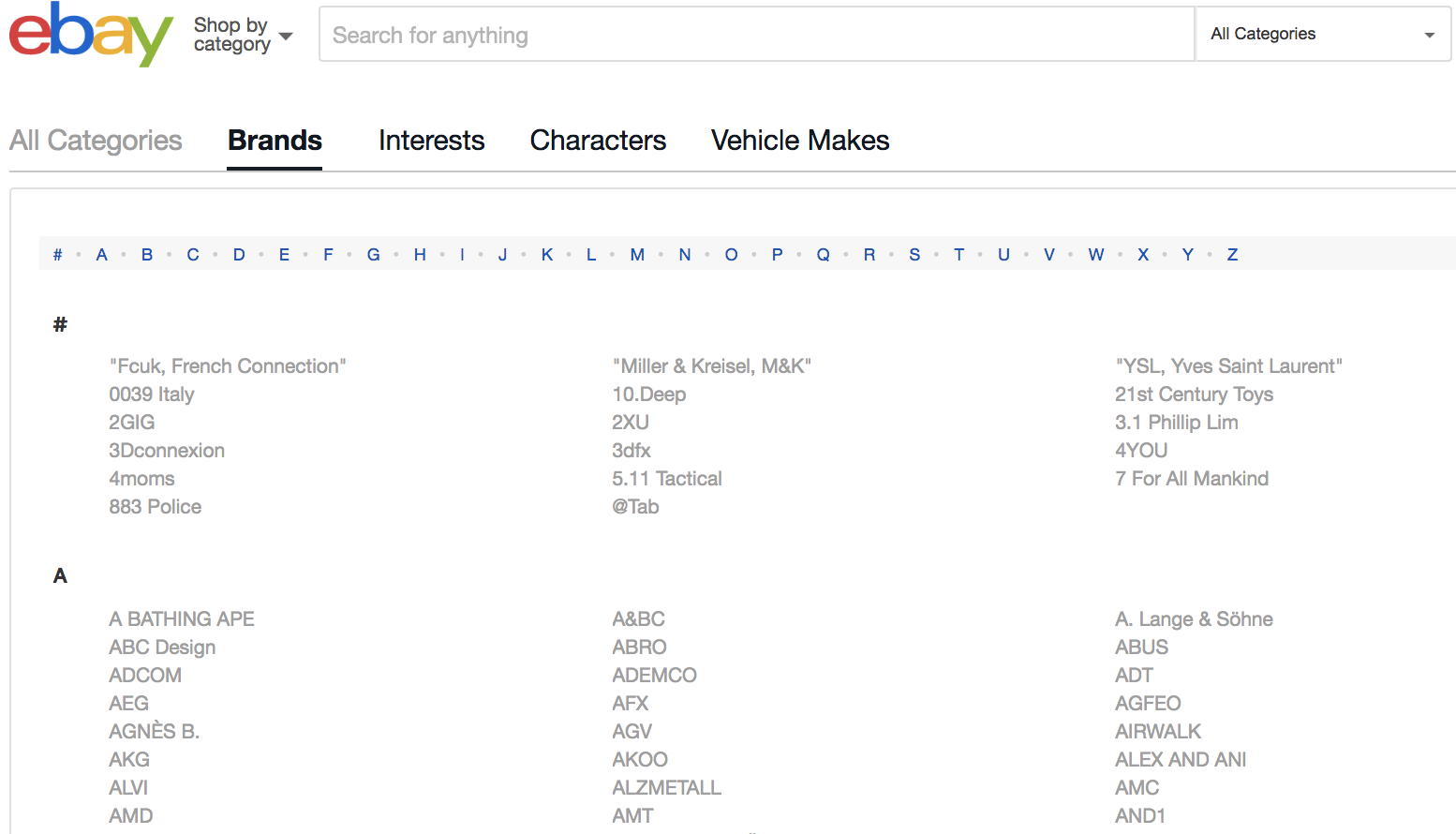 List of Brand Pages featured on eBay.