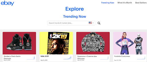 eBay Explore page with search box for “Trending Now.”